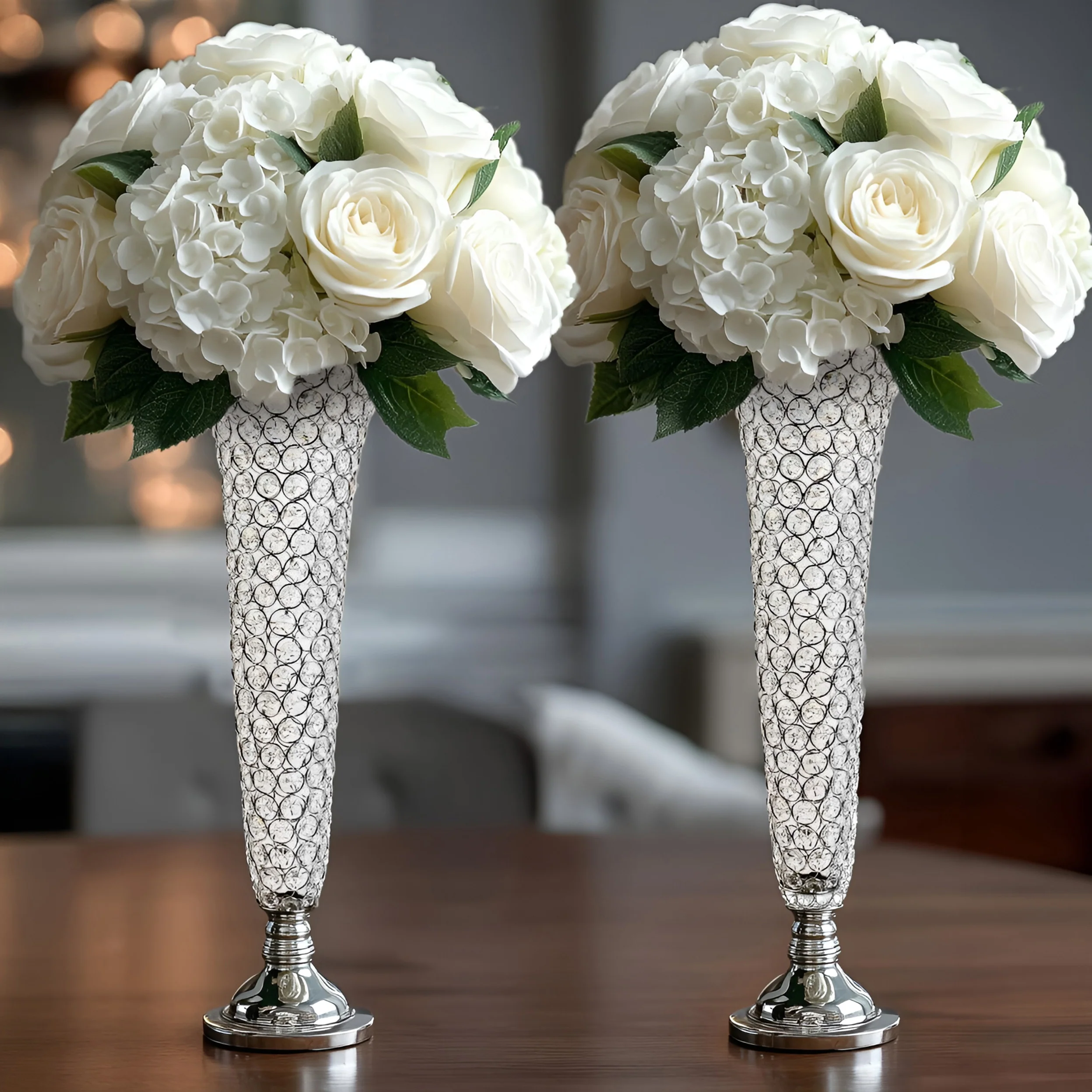 2-Pack Crystal Beaded Trumpet Vase 28" Tall Silver - Decorative Bouquet Vase Table Centerpiece Set for Glamorous Weddings Parties & Home Decor - Image 6