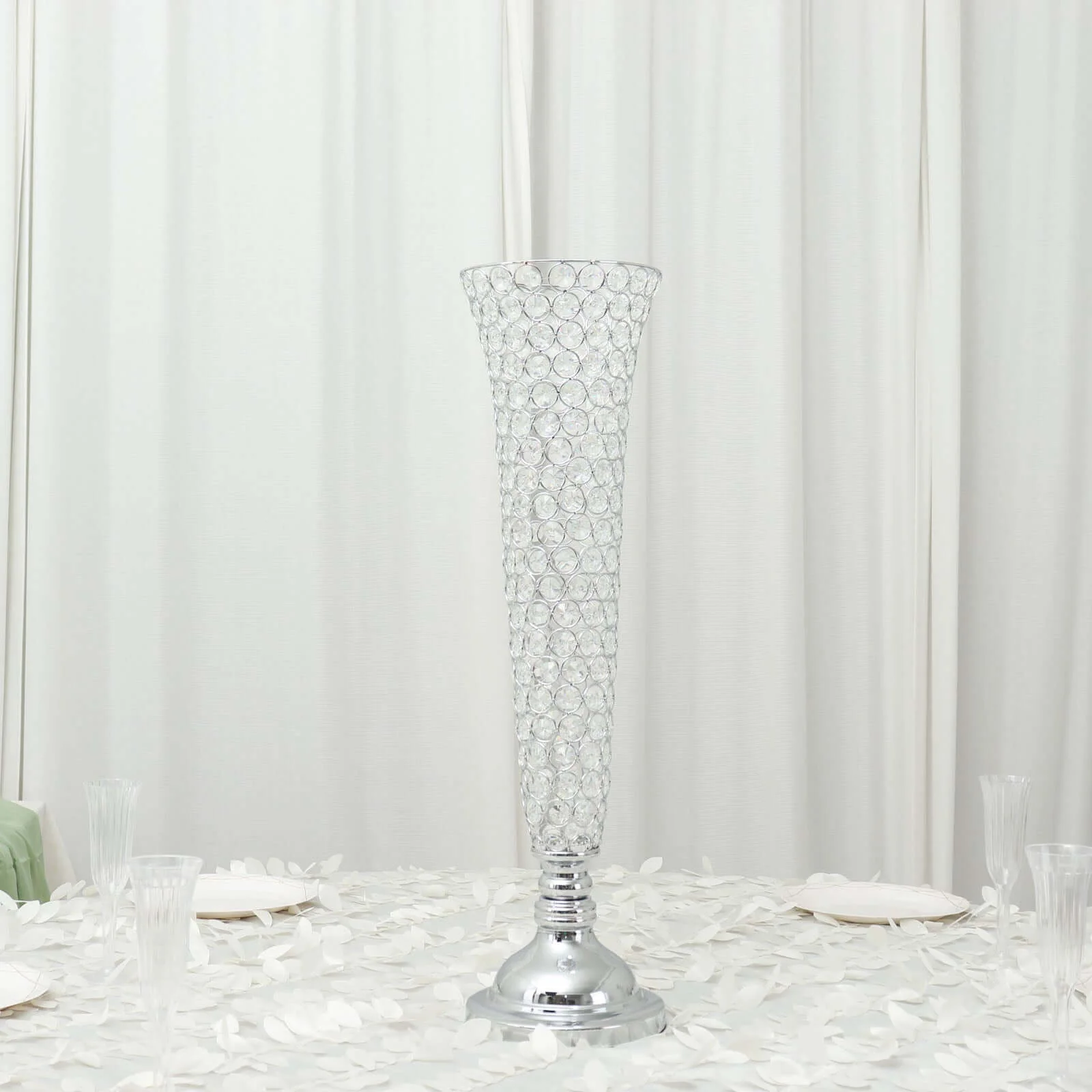 2-Pack Crystal Beaded Trumpet Vase 28" Tall Silver - Decorative Bouquet Vase Table Centerpiece Set for Glamorous Weddings Parties & Home Decor - Image 8