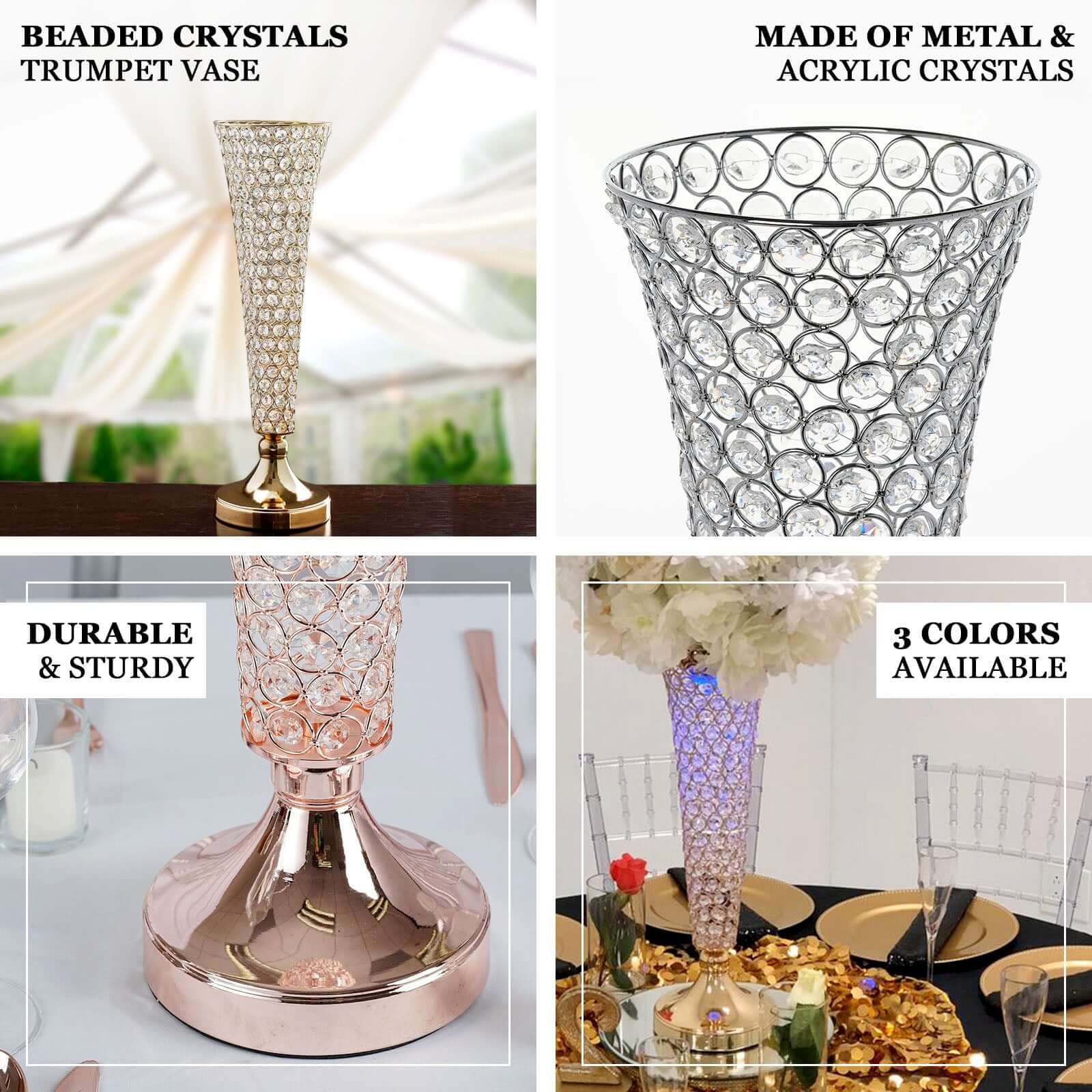 2-Pack Crystal Beaded Trumpet Vase Set 22" Gold - Table Centerpiece for Stylish Decor - Image 4