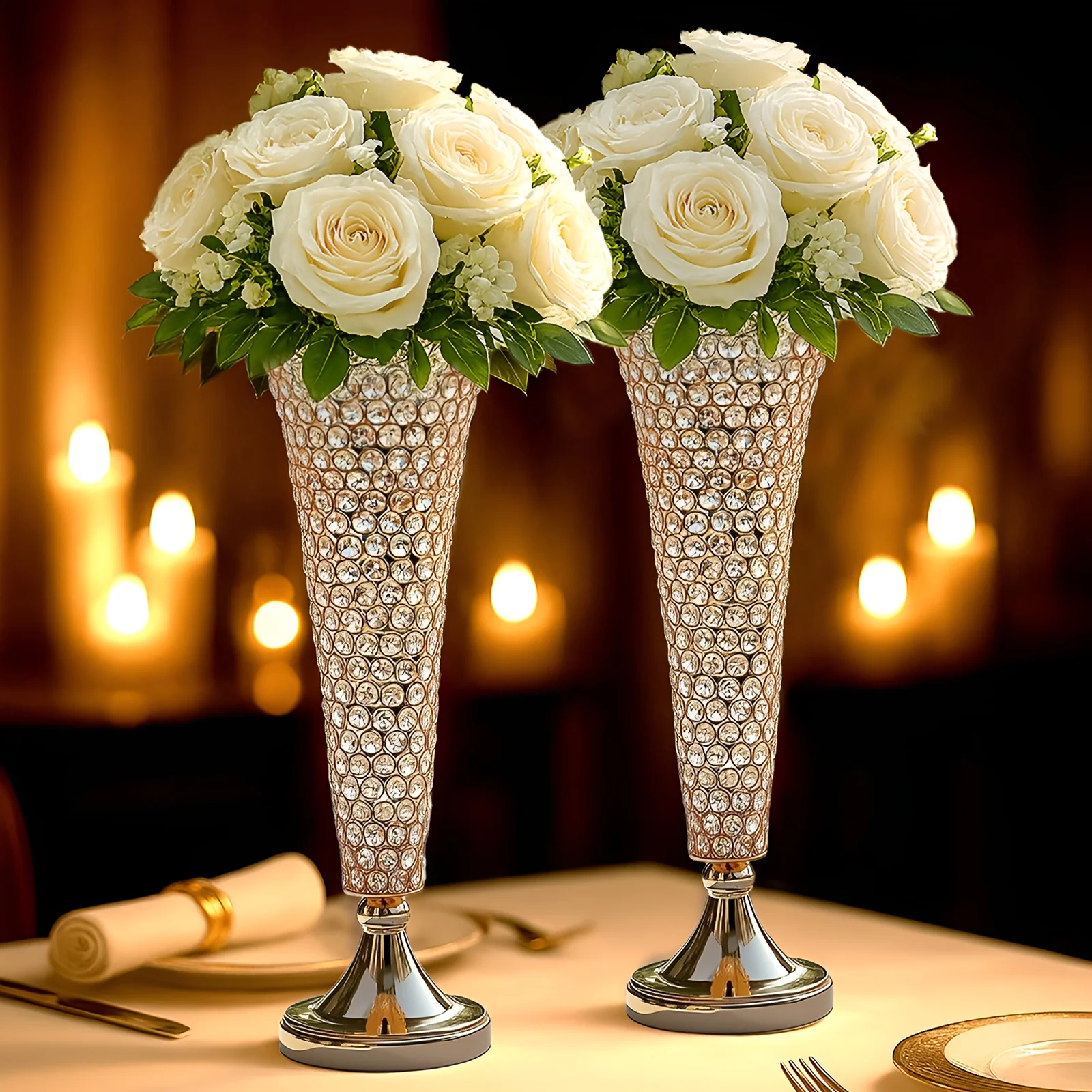 2-Pack Crystal Beaded Trumpet Vase Set 22" Gold - Table Centerpiece for Stylish Decor - Image 6
