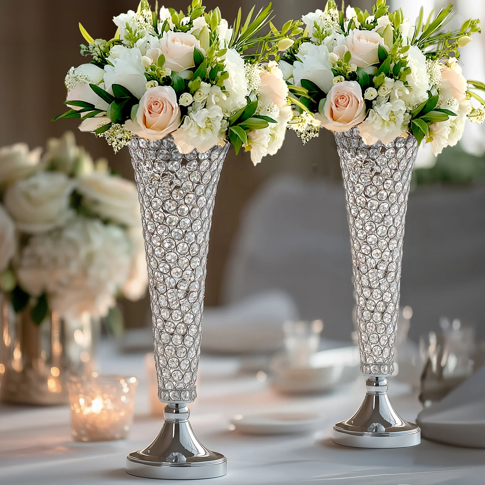 2-Pack Crystal Beaded Trumpet Vase Set 22" Silver - Table Centerpiece for Stylish Decor - Image 6