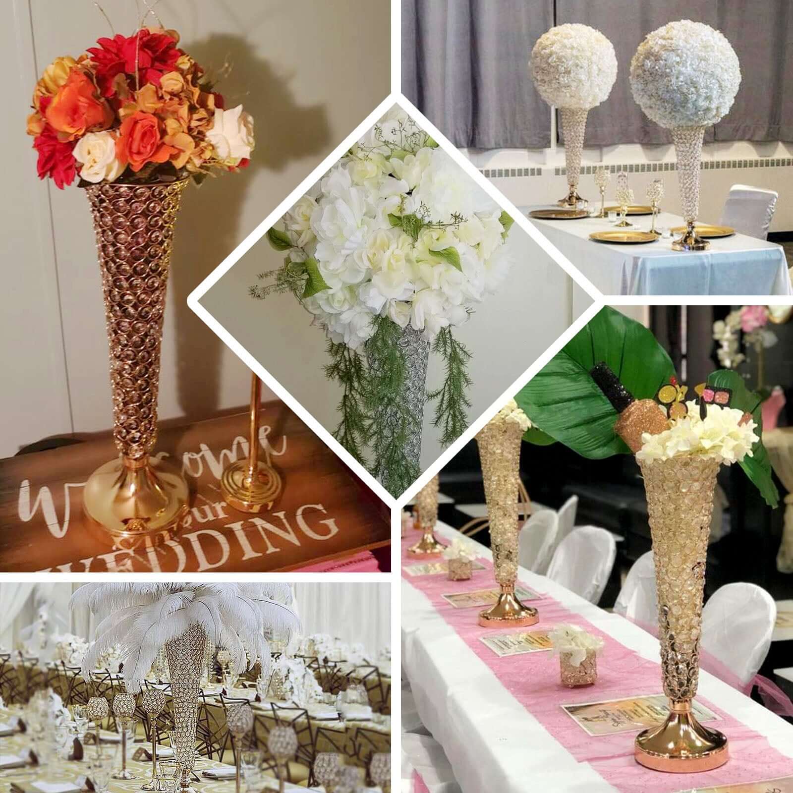 2-Pack Crystal Beaded Trumpet Vase Set 40" Gold - Table Centerpiece for Grand Occasions - Image 5