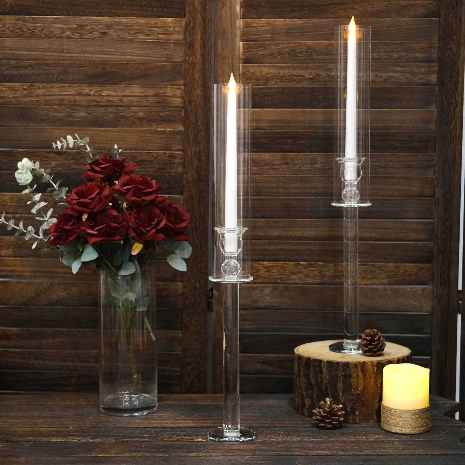 2-Pack Crystal Glass Hurricane Taper Candle Holders 22", Clear Cylinder Chimney Tubes - Tall Decorative Candle Stands