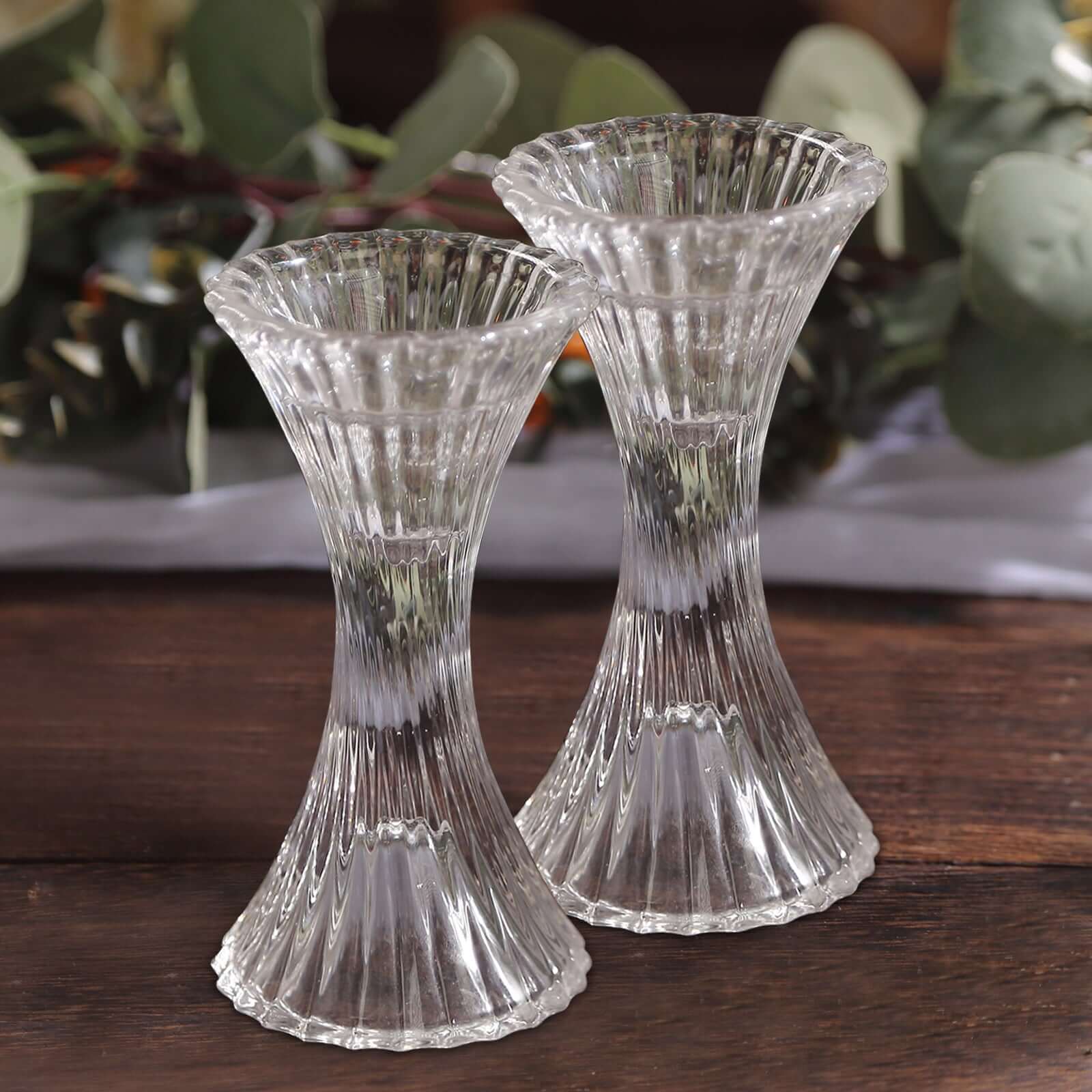 2-Pack Crystal Pillar Candlestick Stands 5" Hour Glass Design with Diagonal Stripes Clear - Reversible Taper Holders - Image 2