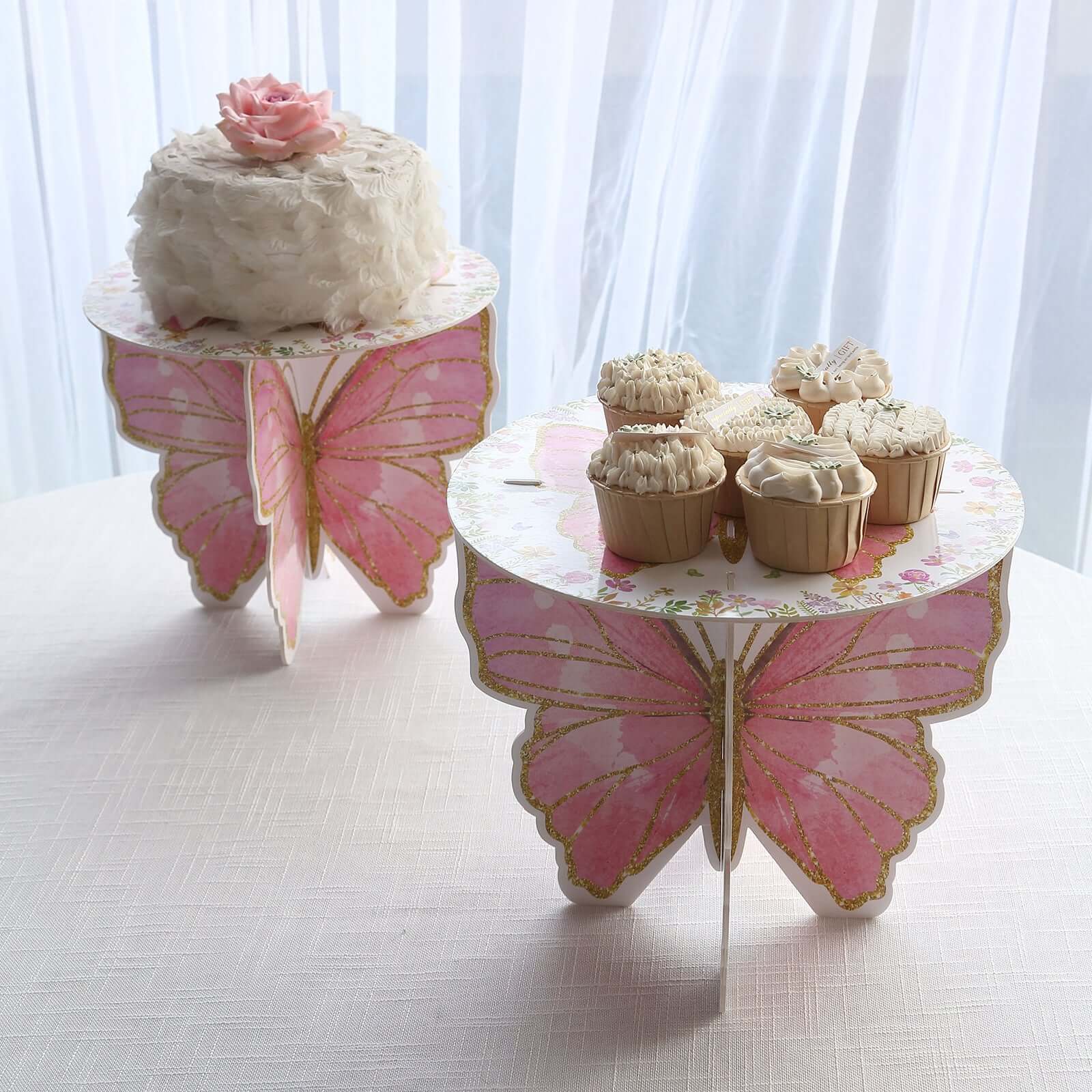 2-Pack Foam Board Cake Stands 12" White/Pink Glitter Butterfly with Floral Print - Reusable Cupcake Dessert Holder Display Stands for Garden-Themed Tea Parties, Baby Showers & Birthdays