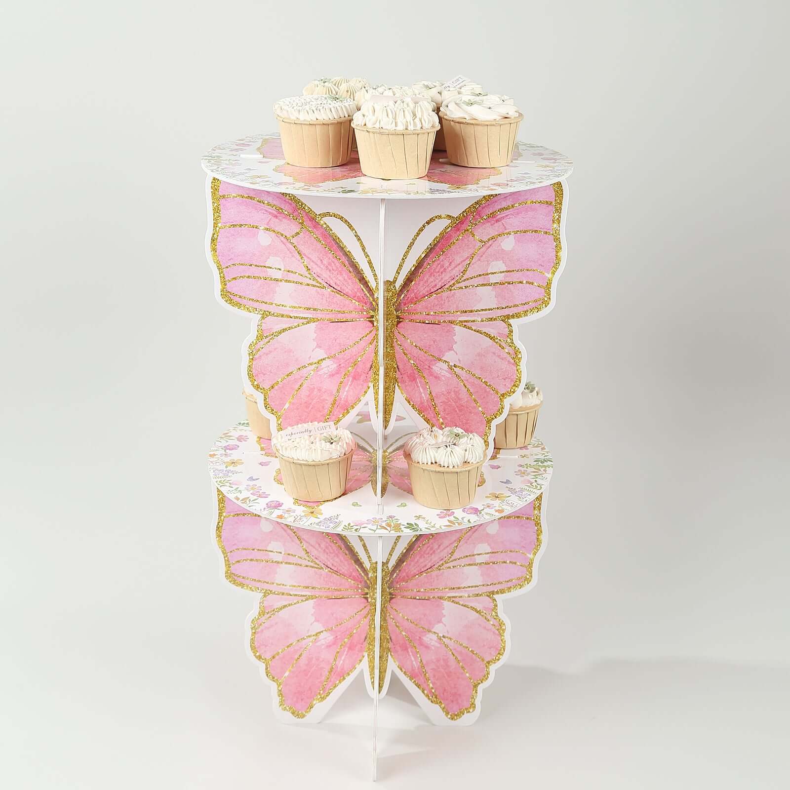 2-Pack Foam Board Cake Stands 12" White/Pink Glitter Butterfly with Floral Print - Reusable Cupcake Dessert Holder Display Stands for Garden-Themed Tea Parties, Baby Showers & Birthdays - Image 10