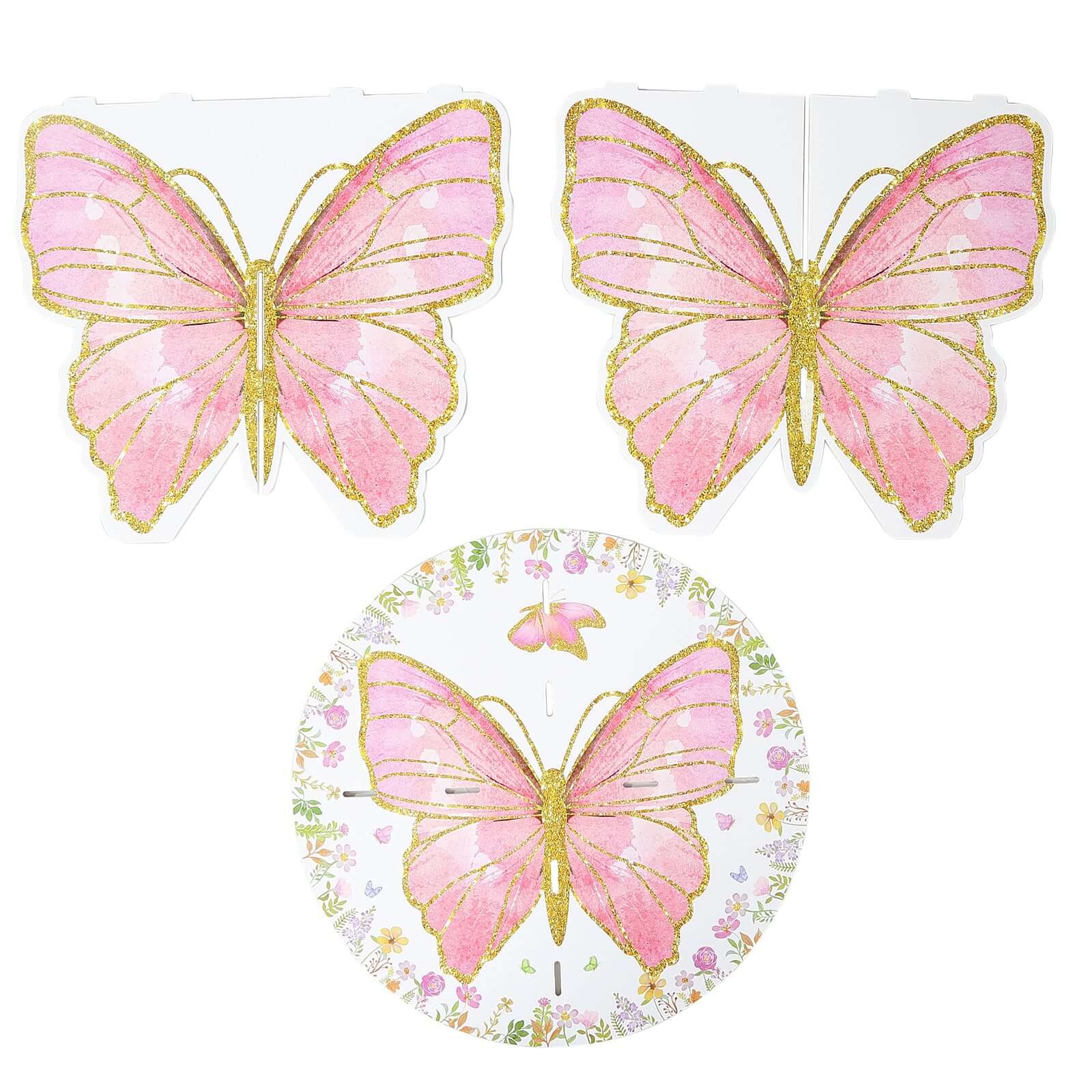 2-Pack Foam Board Cake Stands 12" White/Pink Glitter Butterfly with Floral Print - Reusable Cupcake Dessert Holder Display Stands for Garden-Themed Tea Parties, Baby Showers & Birthdays - Image 11
