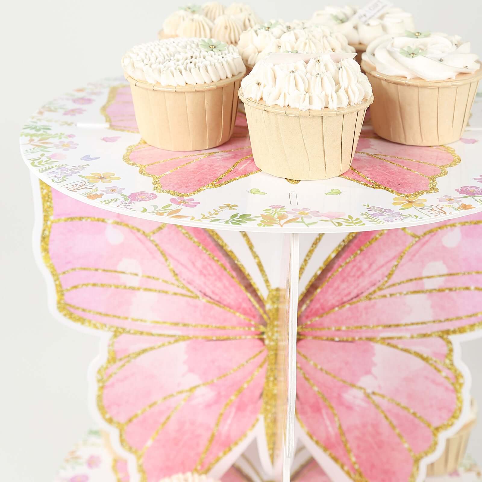 2-Pack Foam Board Cake Stands 12" White/Pink Glitter Butterfly with Floral Print - Reusable Cupcake Dessert Holder Display Stands for Garden-Themed Tea Parties, Baby Showers & Birthdays - Image 2