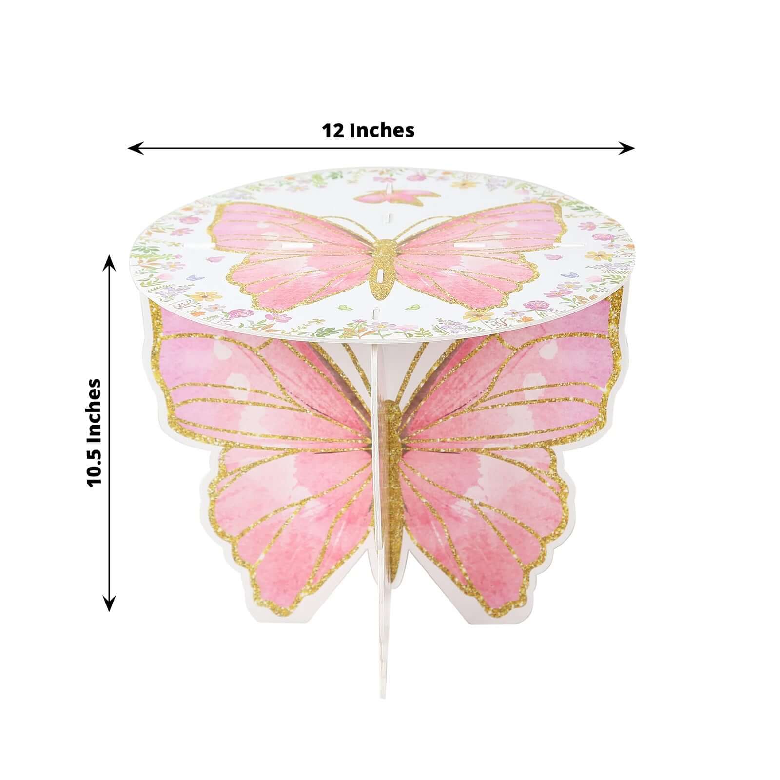 2-Pack Foam Board Cake Stands 12" White/Pink Glitter Butterfly with Floral Print - Reusable Cupcake Dessert Holder Display Stands for Garden-Themed Tea Parties, Baby Showers & Birthdays - Image 3