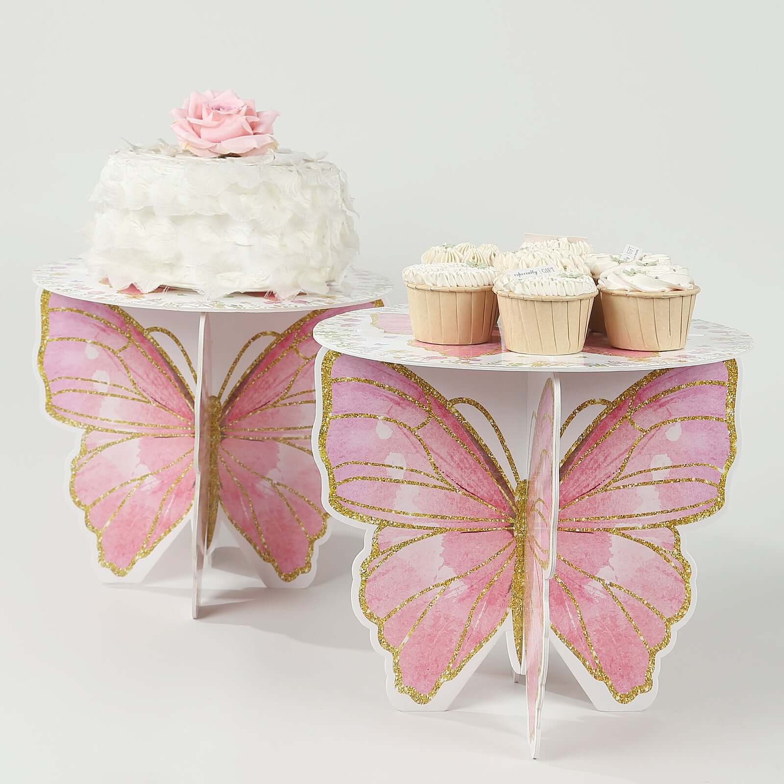 2-Pack Foam Board Cake Stands 12" White/Pink Glitter Butterfly with Floral Print - Reusable Cupcake Dessert Holder Display Stands for Garden-Themed Tea Parties, Baby Showers & Birthdays - Image 4
