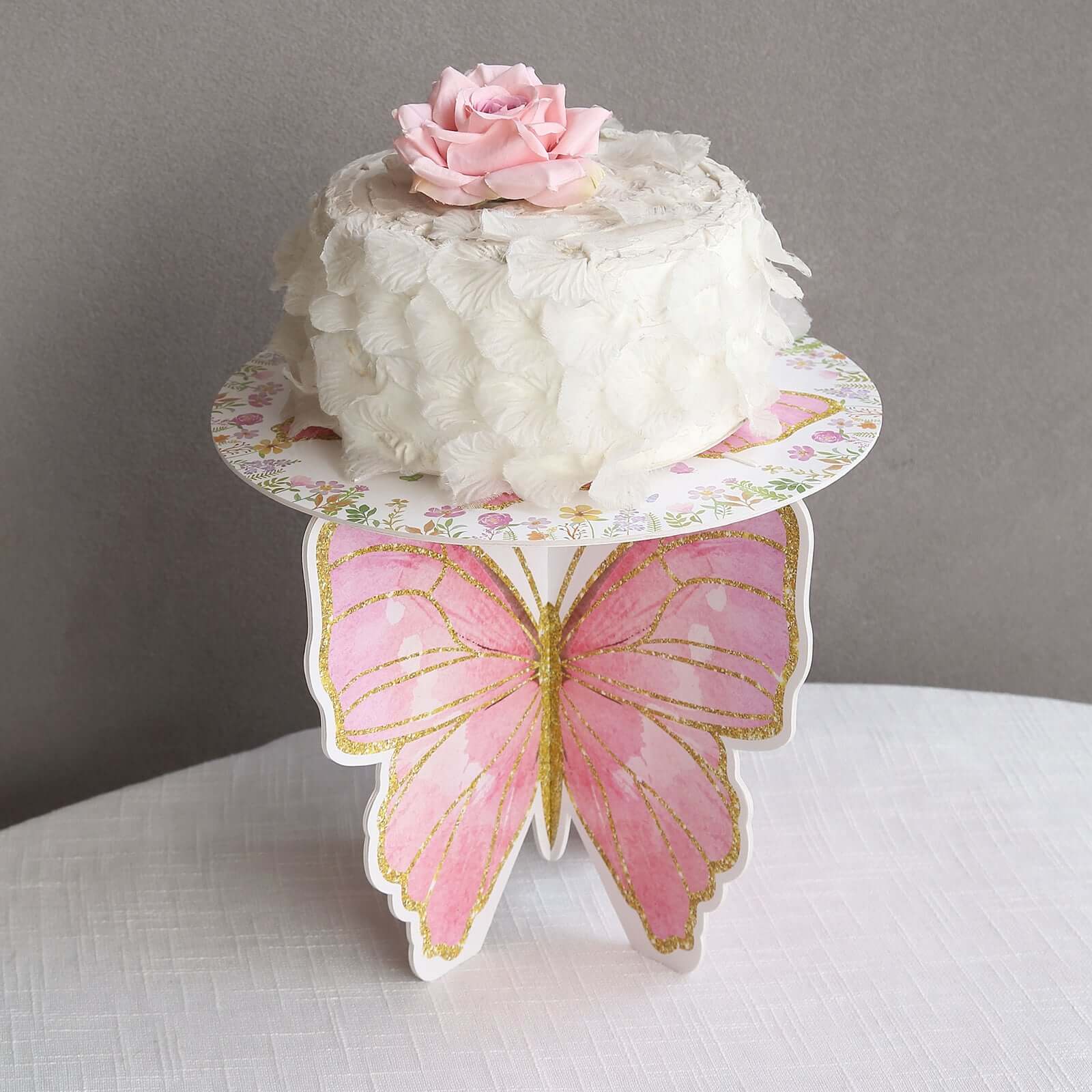 2-Pack Foam Board Cake Stands 12" White/Pink Glitter Butterfly with Floral Print - Reusable Cupcake Dessert Holder Display Stands for Garden-Themed Tea Parties, Baby Showers & Birthdays - Image 5