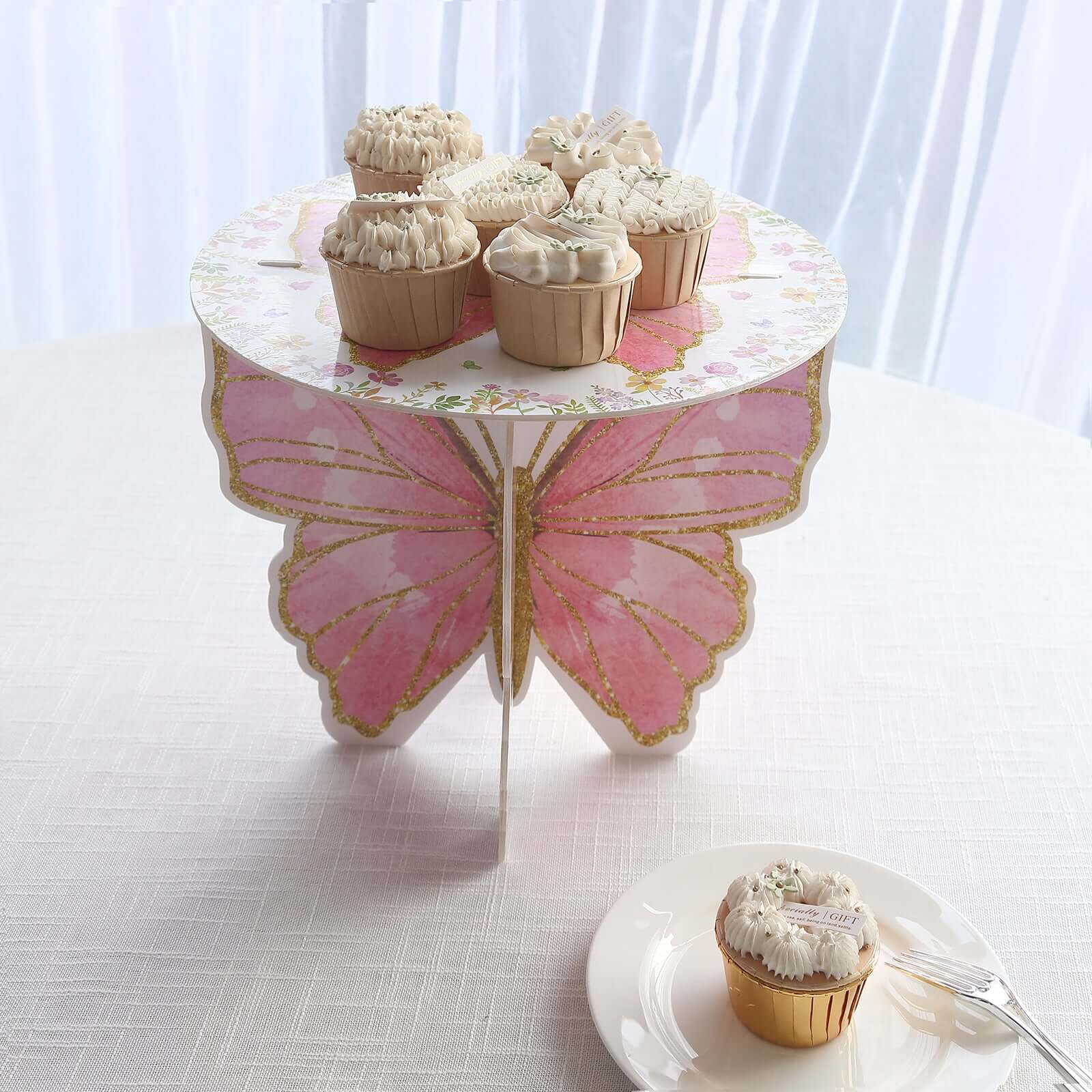 2-Pack Foam Board Cake Stands 12" White/Pink Glitter Butterfly with Floral Print - Reusable Cupcake Dessert Holder Display Stands for Garden-Themed Tea Parties, Baby Showers & Birthdays - Image 6
