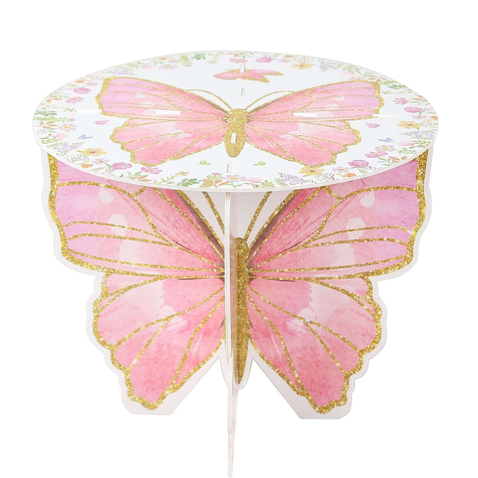 2-Pack Foam Board Cake Stands 12" White/Pink Glitter Butterfly with Floral Print - Reusable Cupcake Dessert Holder Display Stands for Garden-Themed Tea Parties, Baby Showers & Birthdays - Image 7