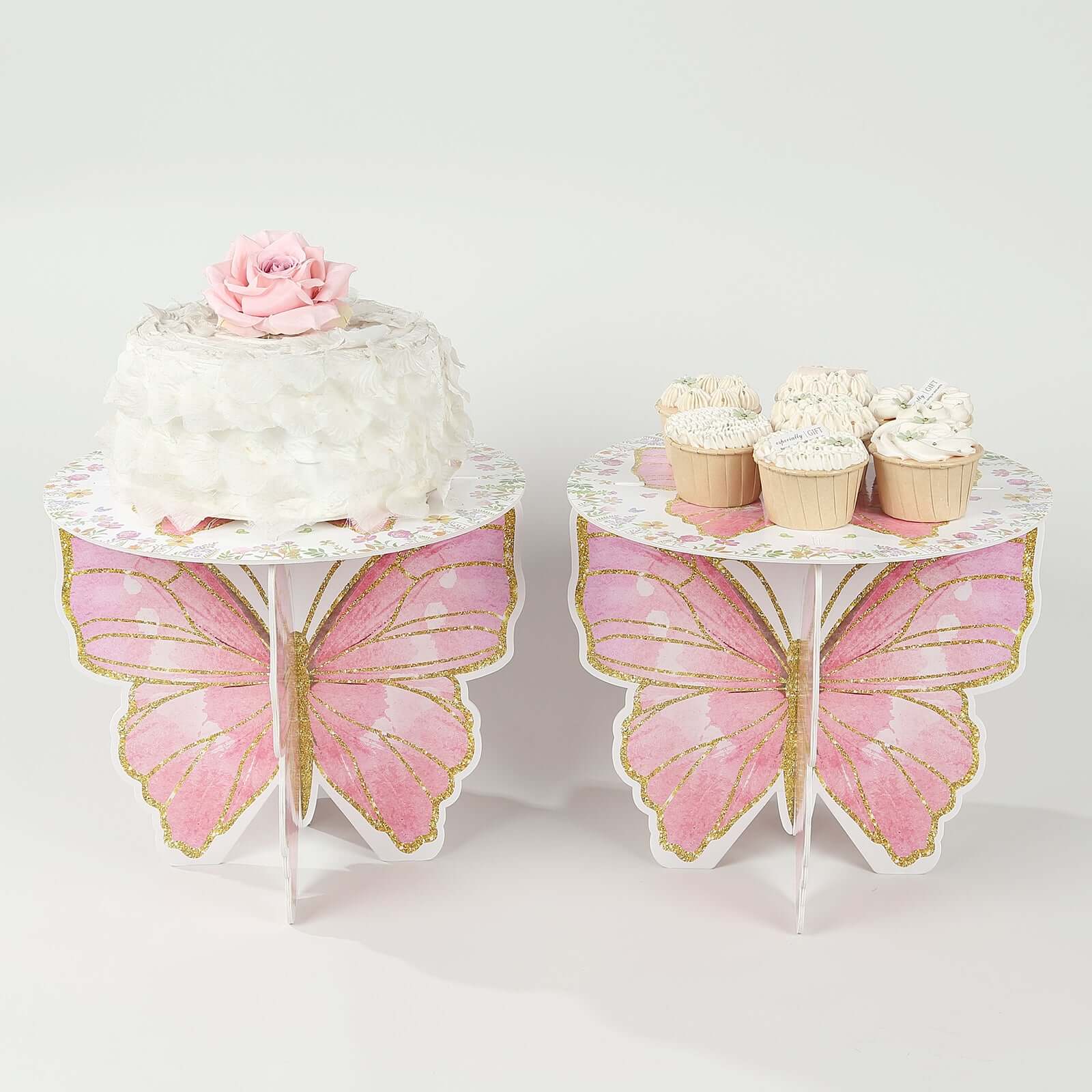 2-Pack Foam Board Cake Stands 12" White/Pink Glitter Butterfly with Floral Print - Reusable Cupcake Dessert Holder Display Stands for Garden-Themed Tea Parties, Baby Showers & Birthdays - Image 8