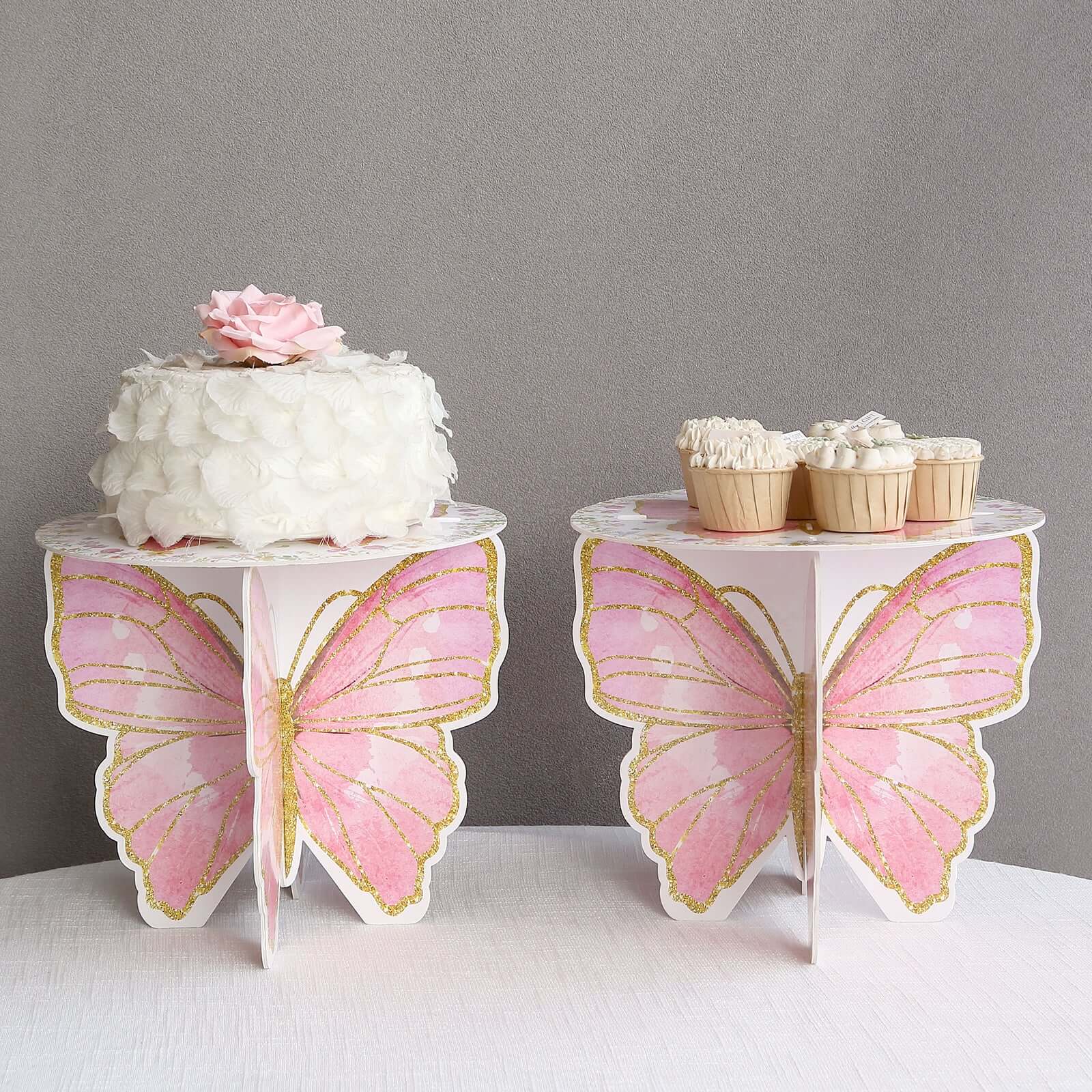 2-Pack Foam Board Cake Stands 12" White/Pink Glitter Butterfly with Floral Print - Reusable Cupcake Dessert Holder Display Stands for Garden-Themed Tea Parties, Baby Showers & Birthdays - Image 9