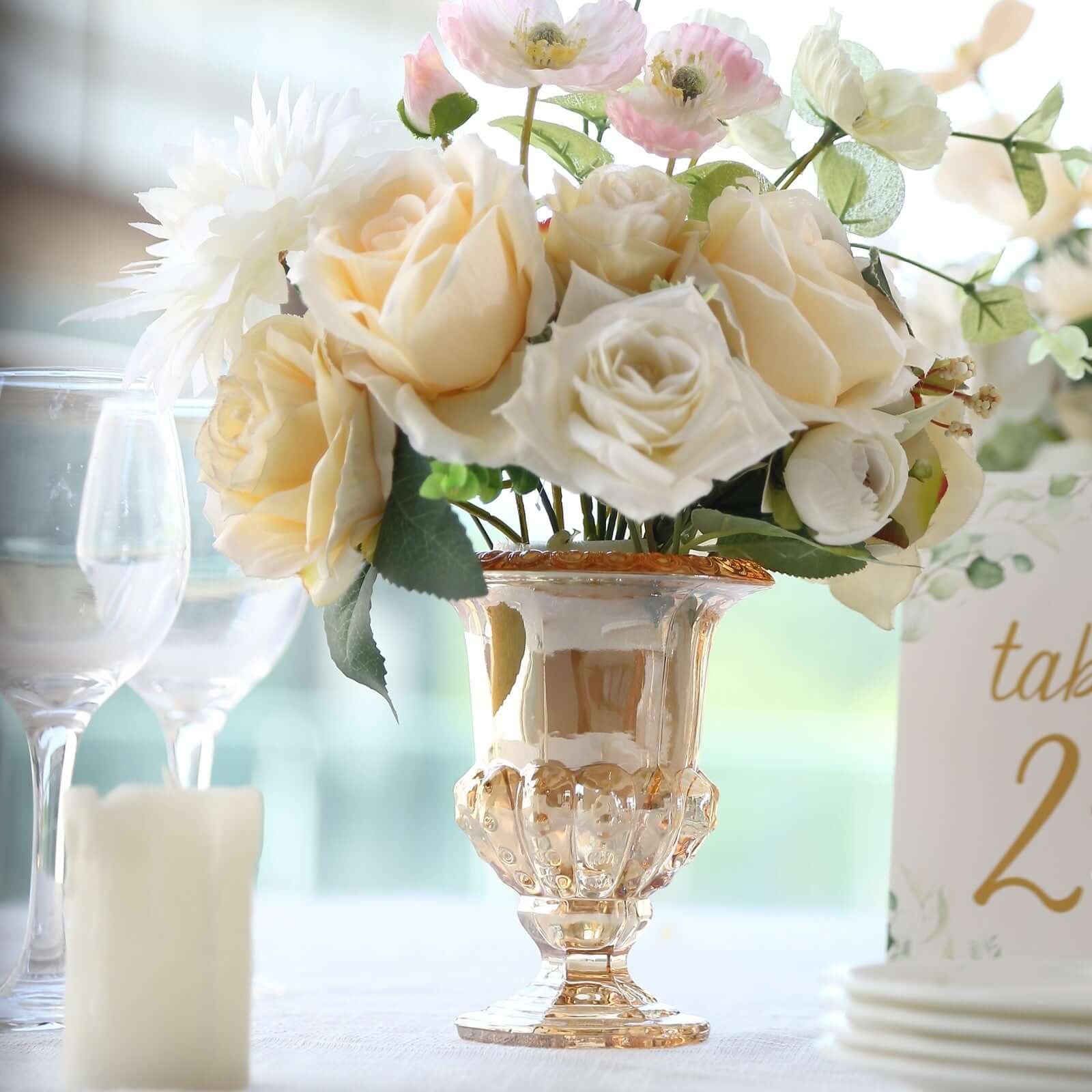 2-Pack Glass Flower Vases Mini Pedestal 6" in Classic Roman Urn Style Amber Gold - Refined Table Centerpieces - Image 4