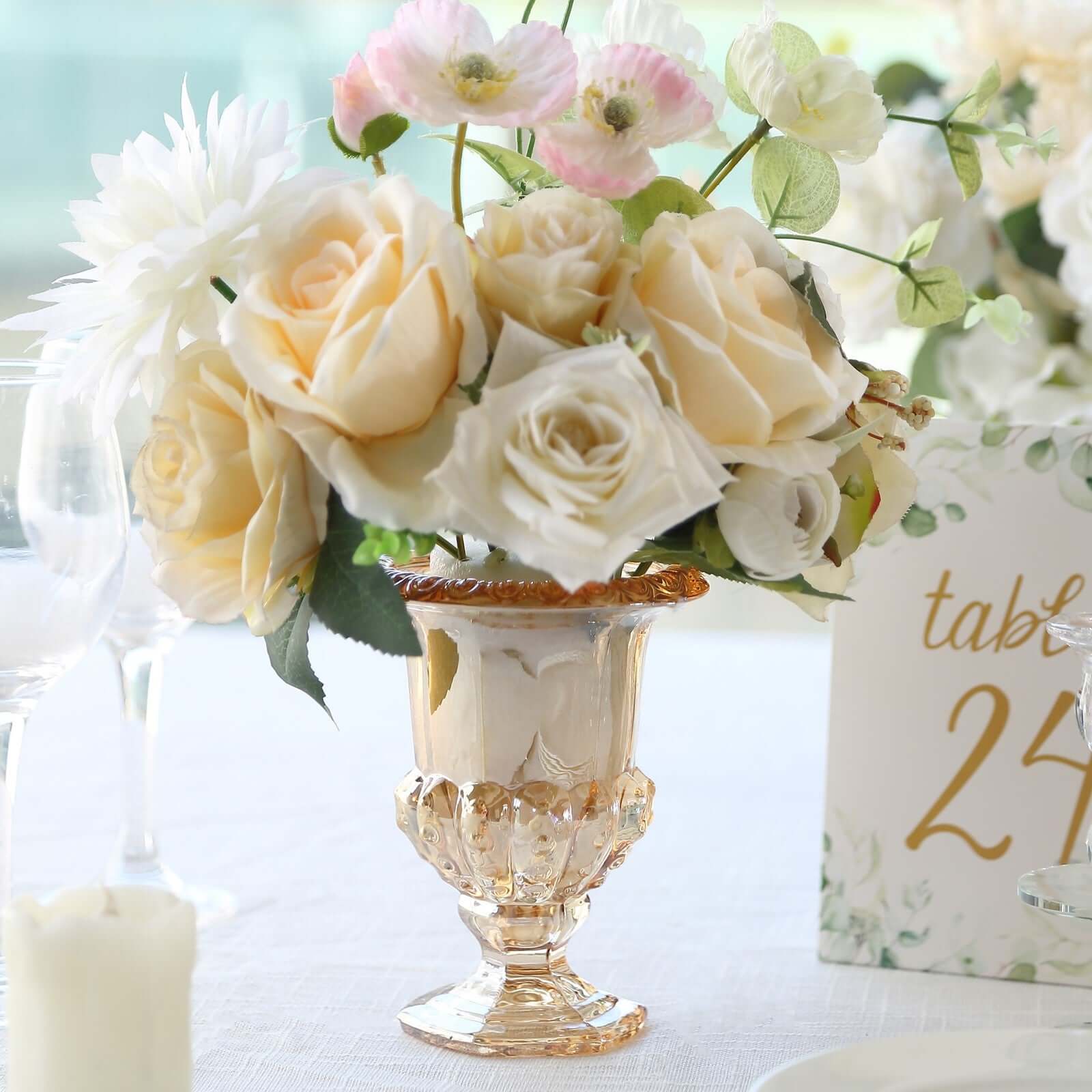 2-Pack Glass Flower Vases Mini Pedestal 6" in Classic Roman Urn Style Amber Gold - Refined Table Centerpieces - Image 5