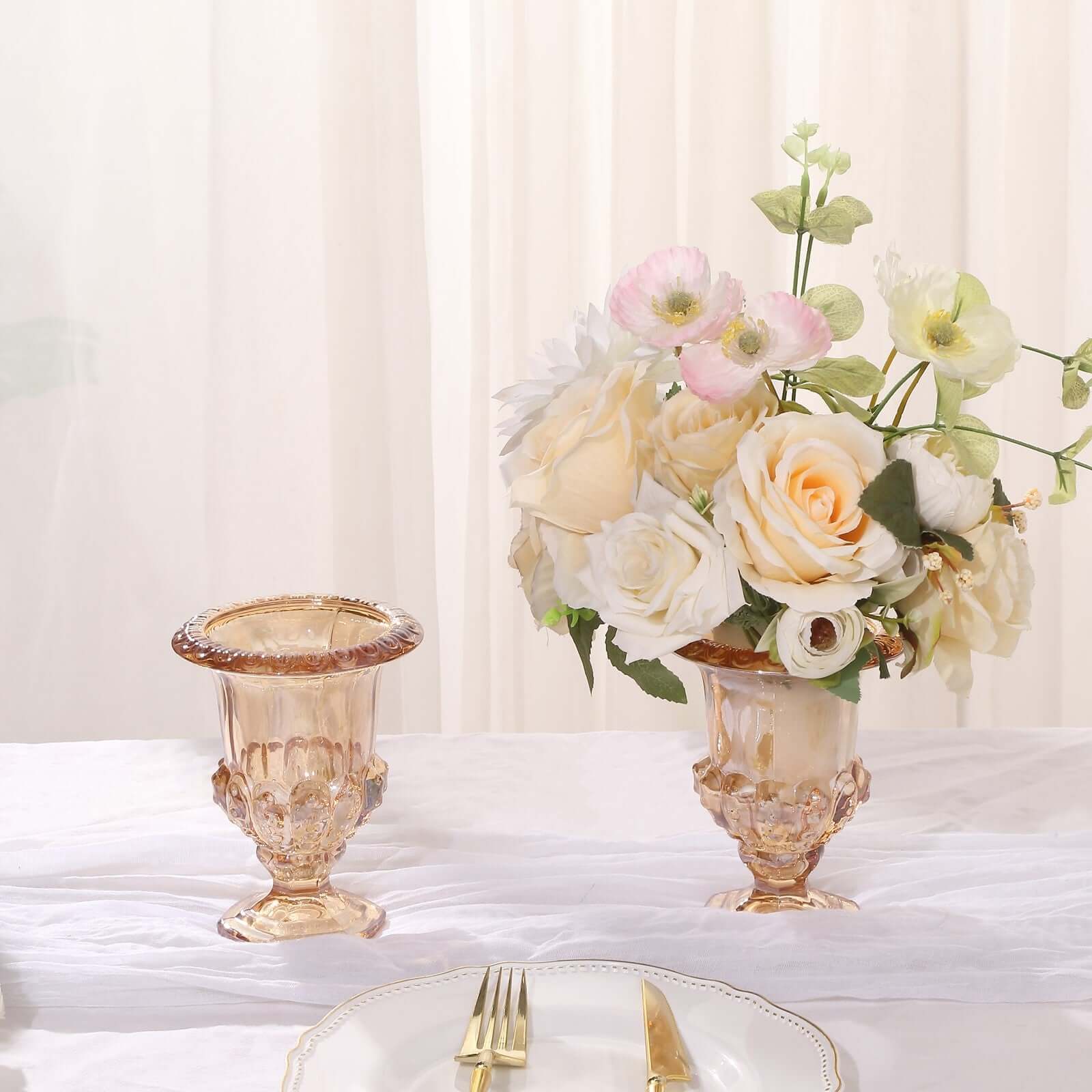 2-Pack Glass Flower Vases Mini Pedestal 6" in Classic Roman Urn Style Amber Gold - Refined Table Centerpieces - Image 6