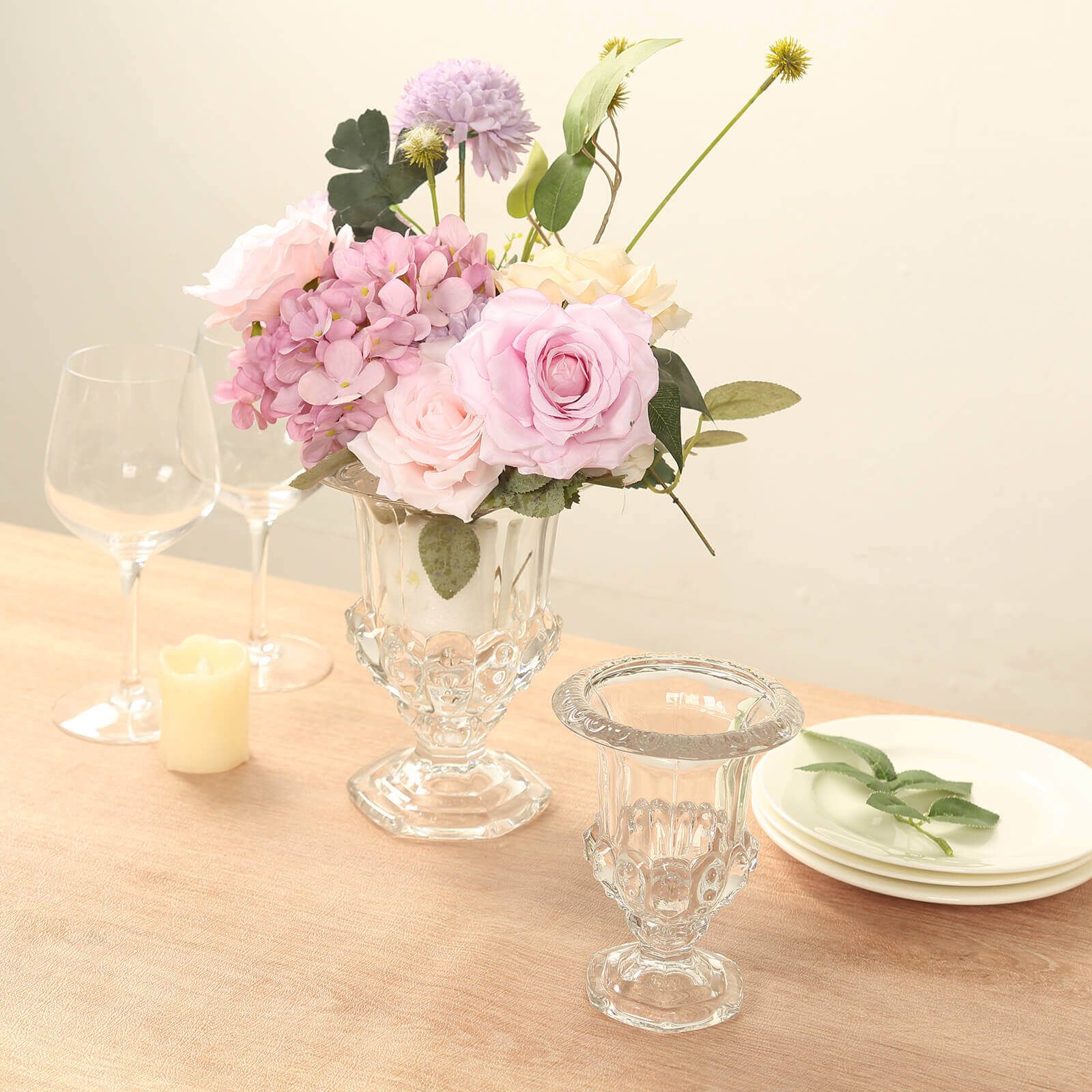 2-Pack Glass Flower Vases Mini Pedestal 6" in Classic Roman Urn Style Clear - Refined Table Centerpieces - Image 4