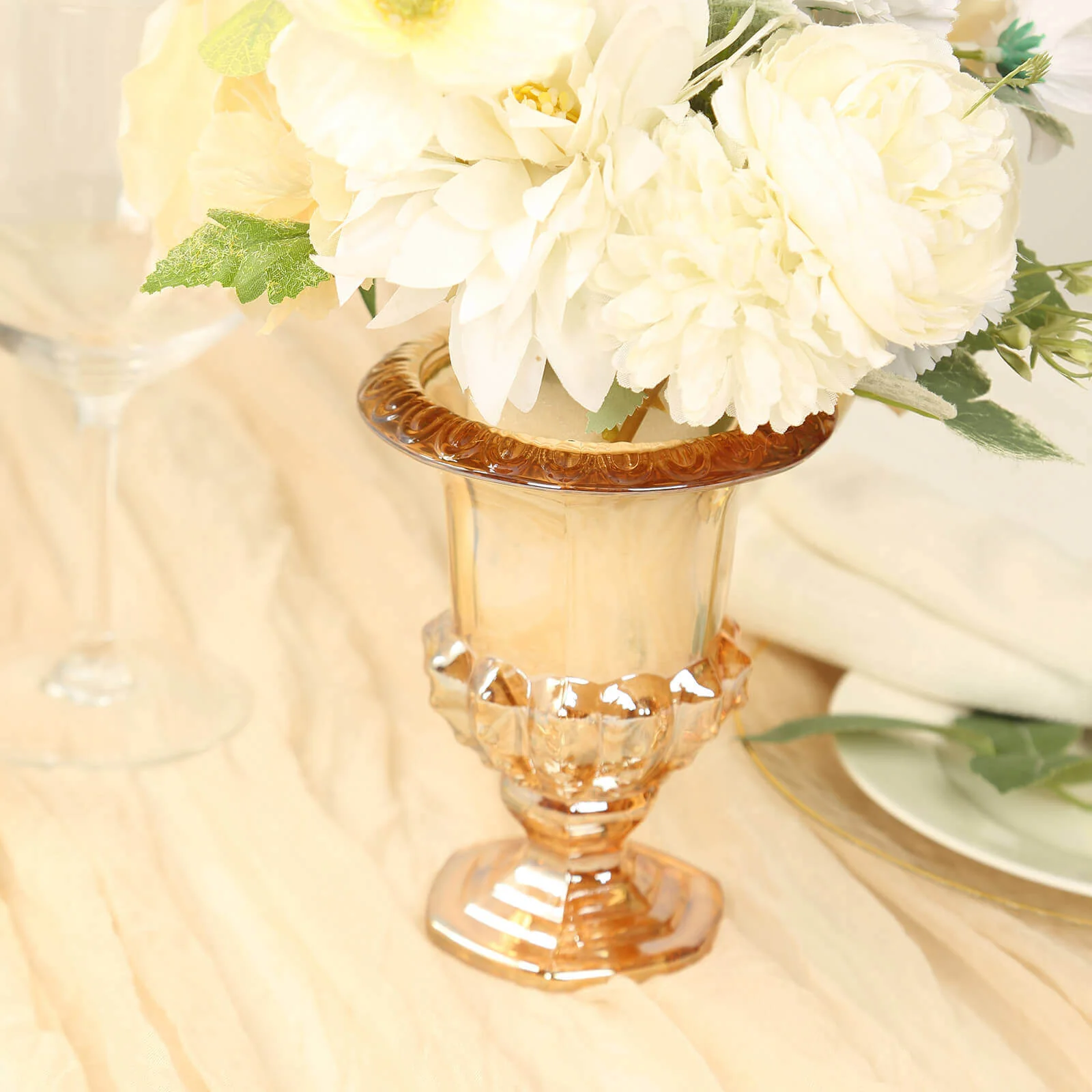 2-Pack Glass Flower Vases Mini Pedestal 8" in Classic Roman Urn Style Amber Gold - Stylish Table Centerpieces - Image 6