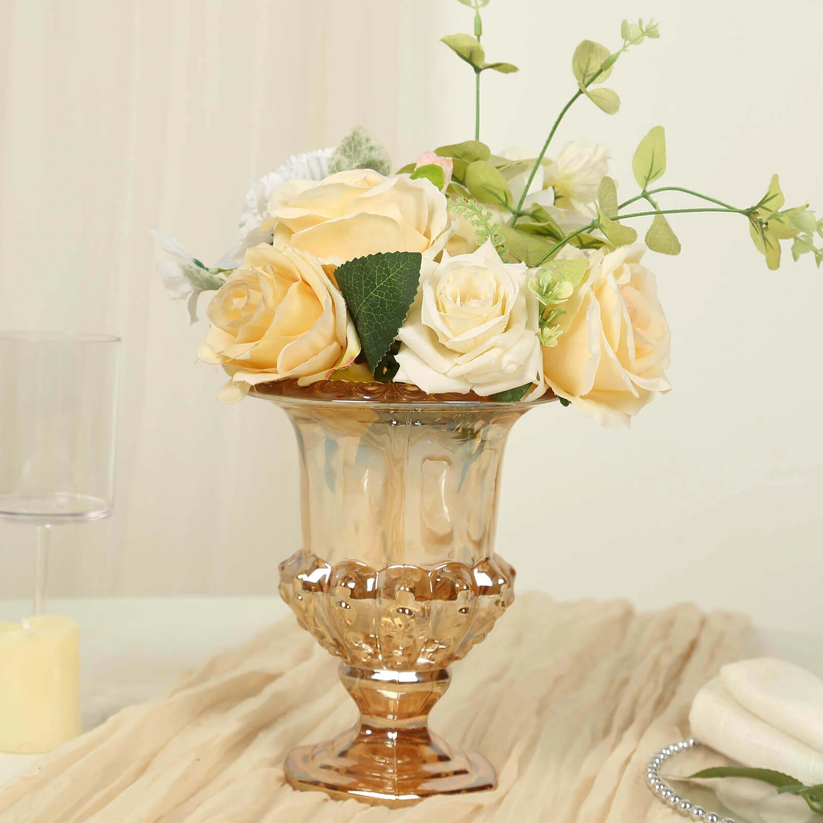 2-Pack Glass Flower Vases Mini Pedestal 8" in Classic Roman Urn Style Amber Gold - Stylish Table Centerpieces - Image 8