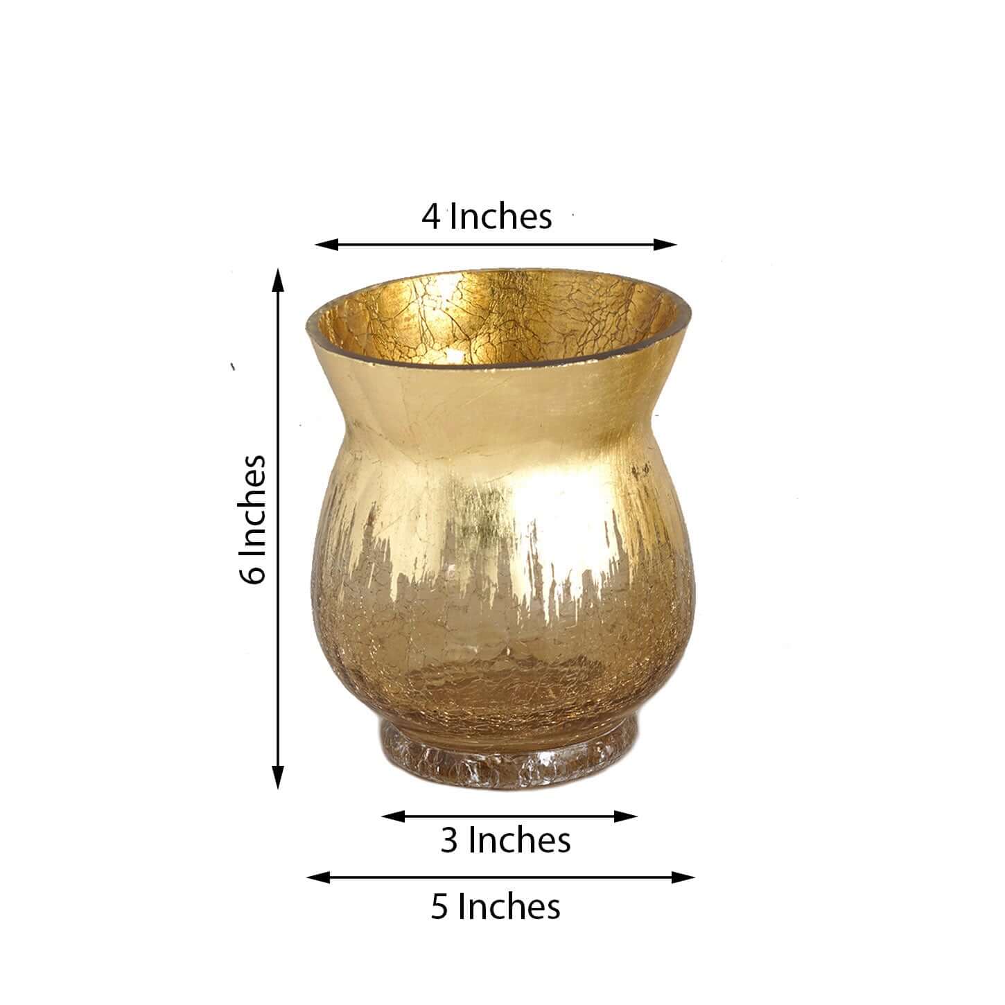 2-Pack Glass Hurricane Vases Bell Shaped 6" Gold Curvy Design - Crackle Finish Tealight Centerpieces - Image 3