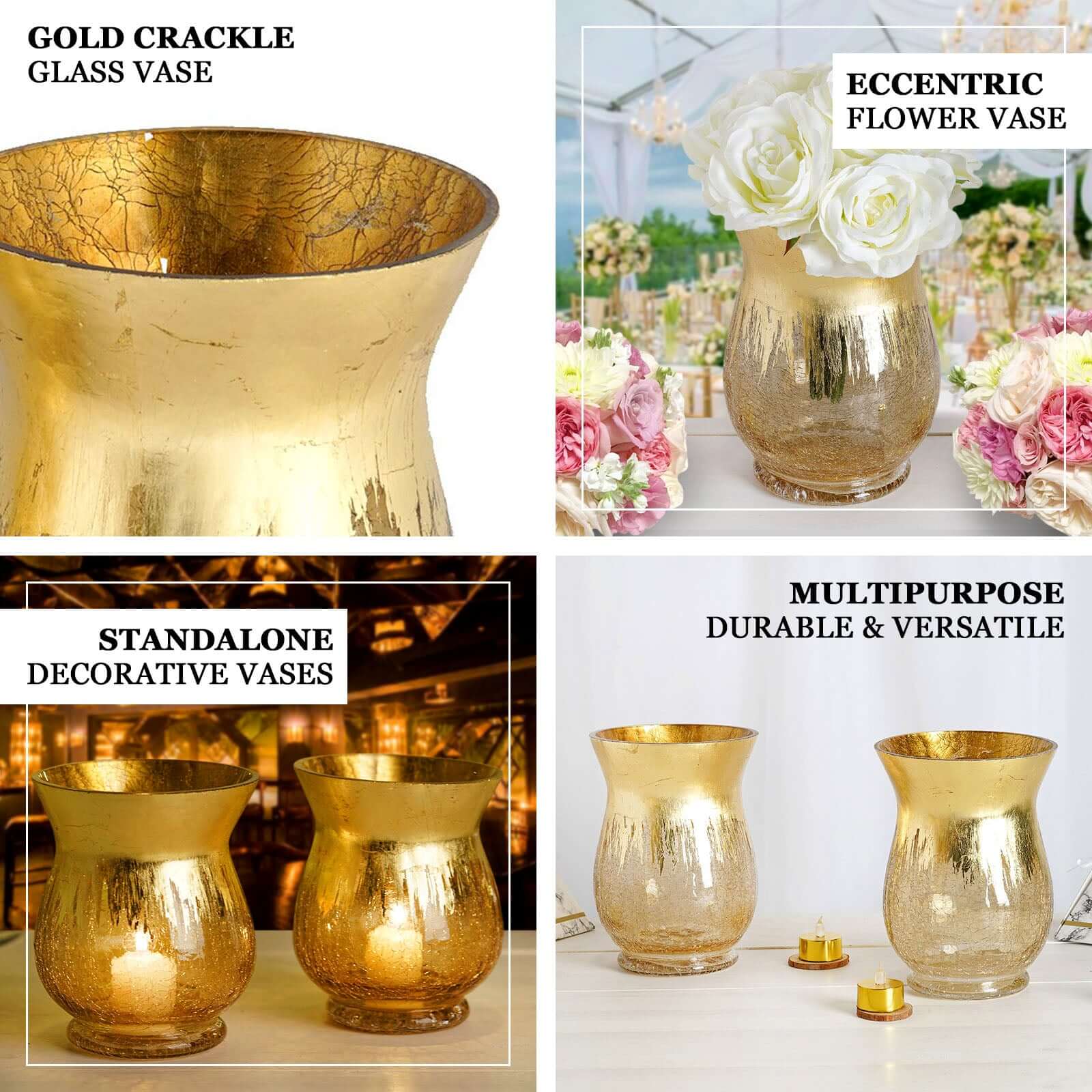 2-Pack Glass Hurricane Vases Bell Shaped 6" Gold Curvy Design - Crackle Finish Tealight Centerpieces - Image 4