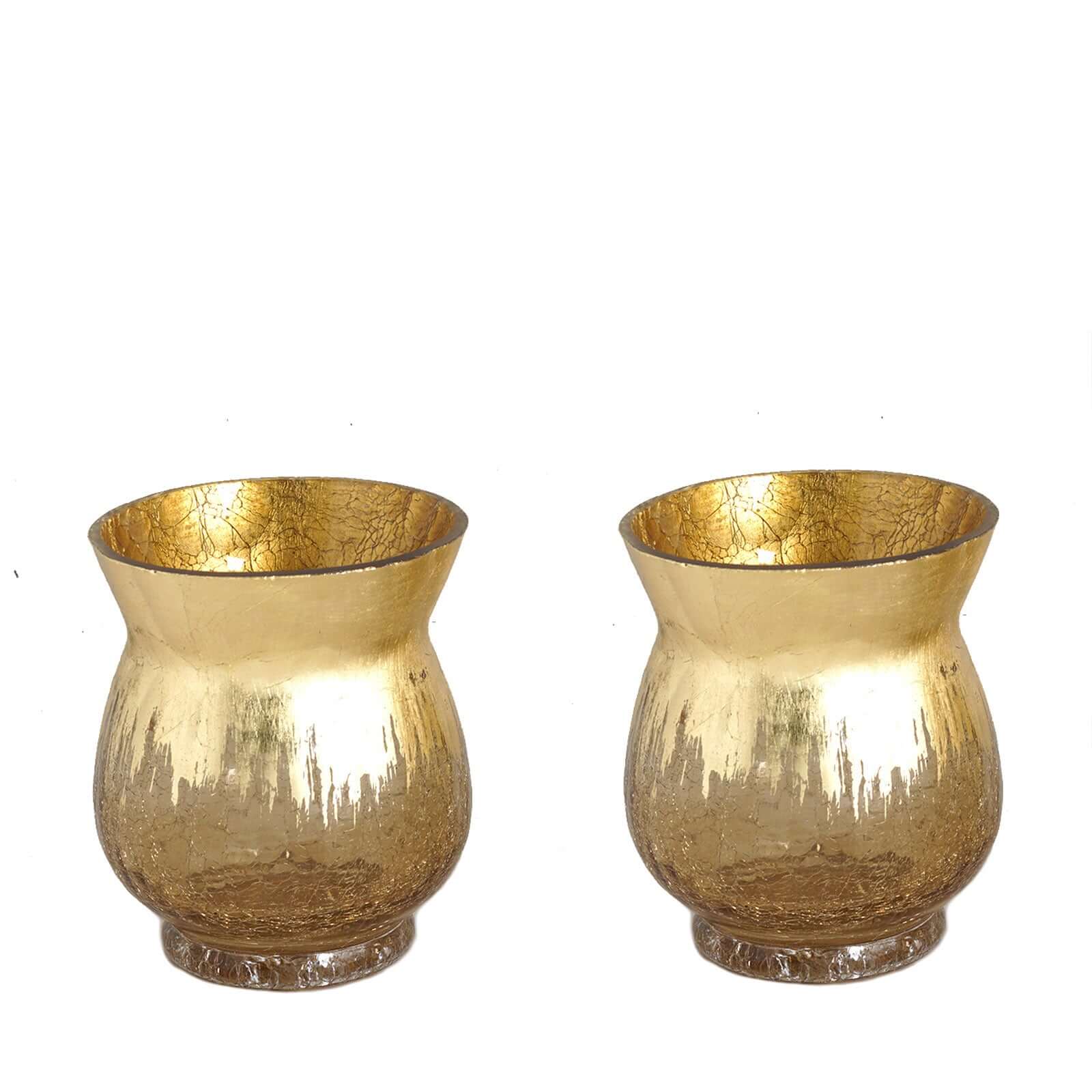 2-Pack Glass Hurricane Vases Bell Shaped 6" Gold Curvy Design - Crackle Finish Tealight Centerpieces - Image 6