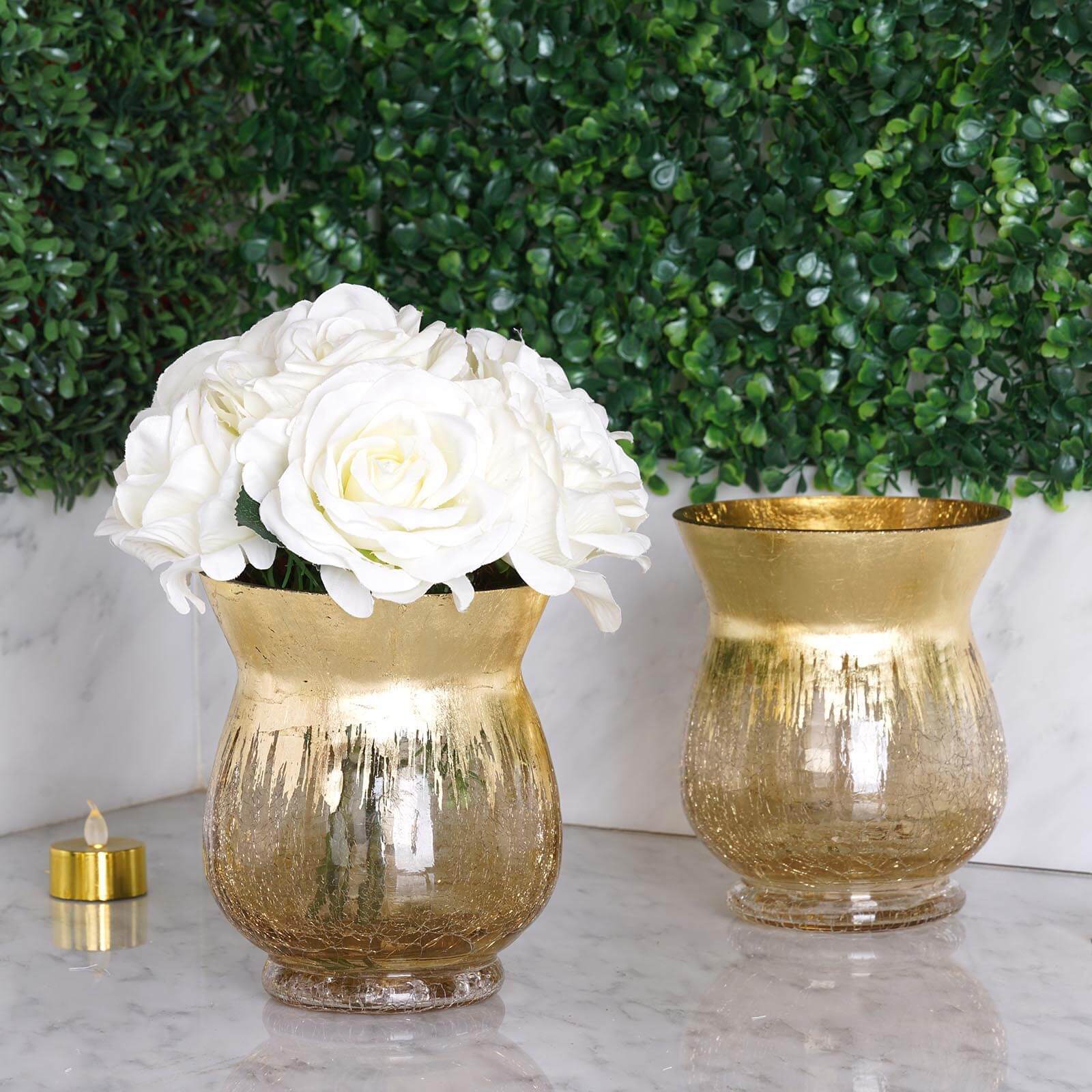 2-Pack Glass Hurricane Vases Bell Shaped 6" Gold Curvy Design - Crackle Finish Tealight Centerpieces - Image 7