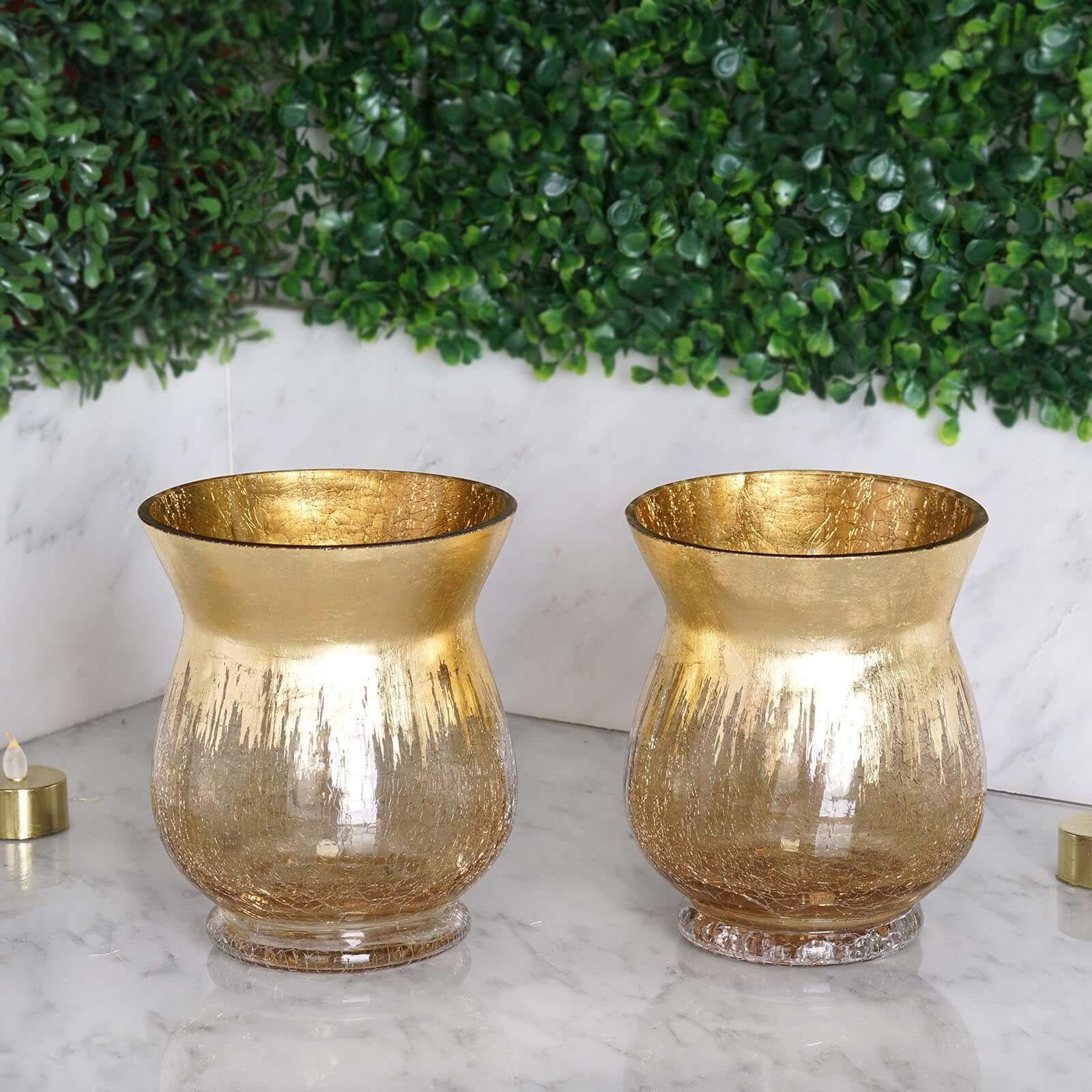 2-Pack Glass Hurricane Vases Bell Shaped 6" Gold Curvy Design - Crackle Finish Tealight Centerpieces - Image 8