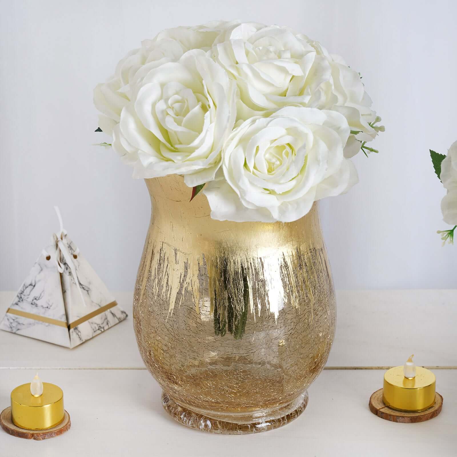 2-Pack Glass Hurricane Vases Bell Shaped 8" Gold Curvy Design - Crackle Finish Tealight Centerpieces - Image 2
