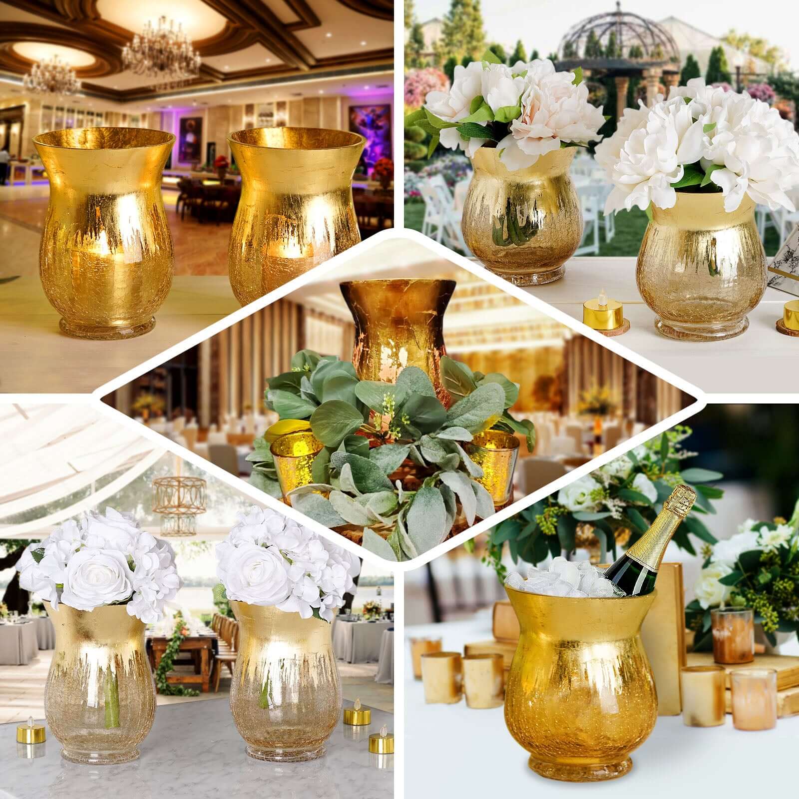 2-Pack Glass Hurricane Vases Bell Shaped 8" Gold Curvy Design - Crackle Finish Tealight Centerpieces - Image 5