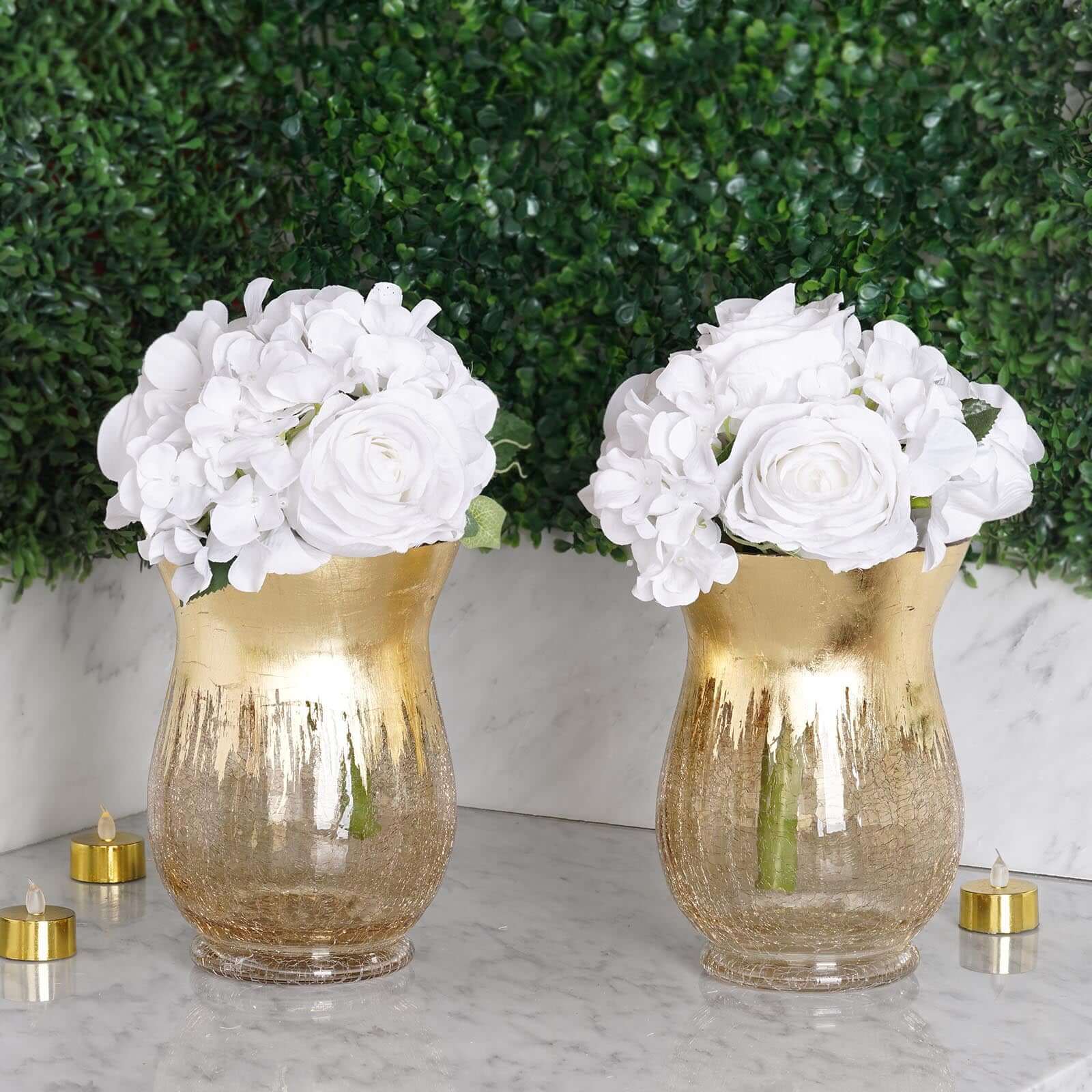 2-Pack Glass Hurricane Vases Bell Shaped 8" Gold Curvy Design - Crackle Finish Tealight Centerpieces - Image 7