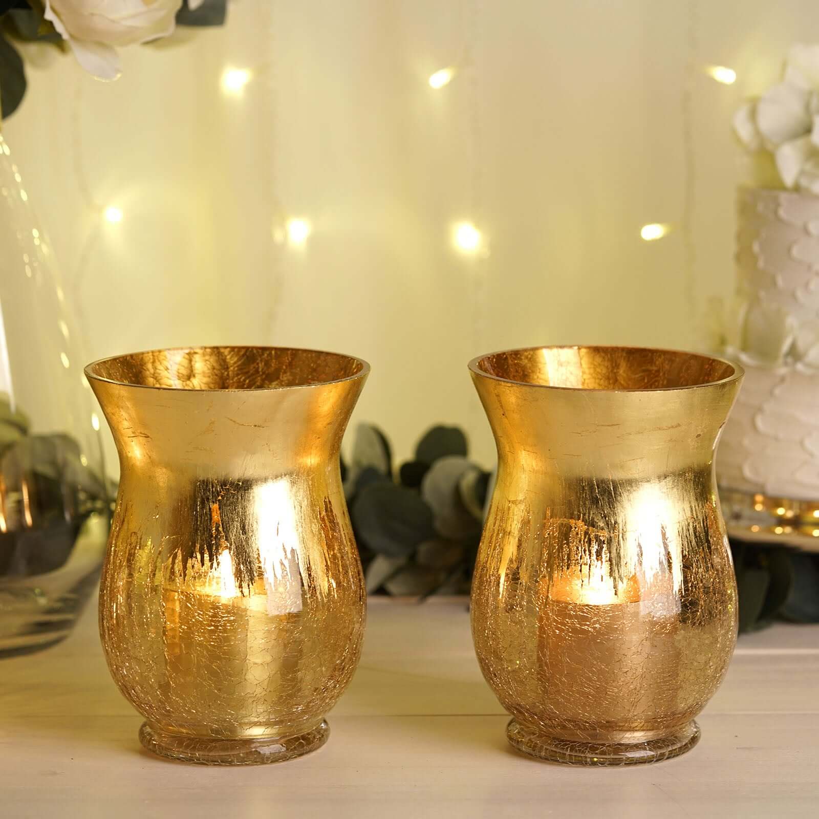 2-Pack Glass Hurricane Vases Bell Shaped 8" Gold Curvy Design - Crackle Finish Tealight Centerpieces - Image 8