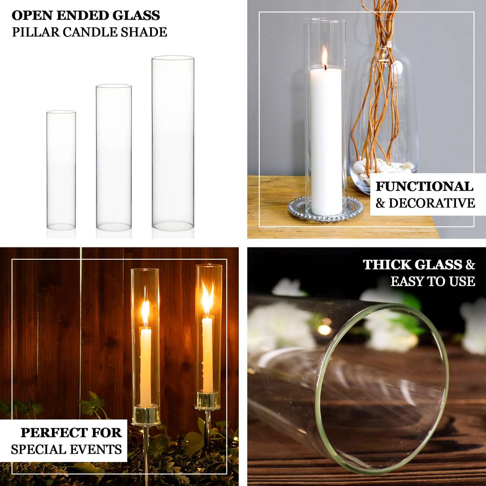 2-Pack Glass Pillar Hurricane Candle Shades 12" - Clear Chimney Tube with 2.25" Wide Open Ends - Image 4