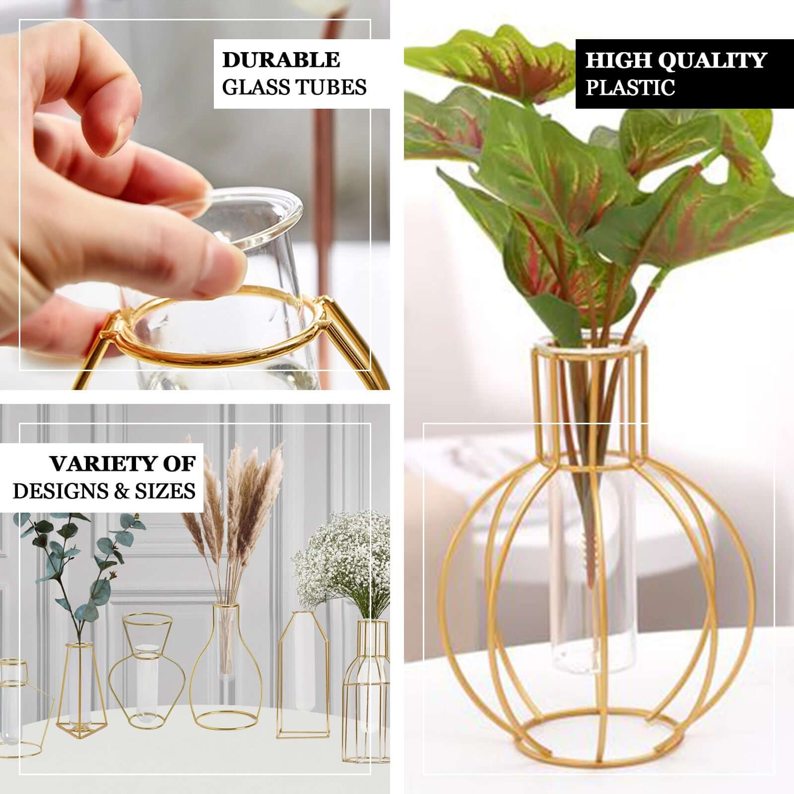 2-Pack Gold Metal Frame Test Tube Vase Flower Stands 6.5" Geometric Design - Decorative Centerpieces - Image 4