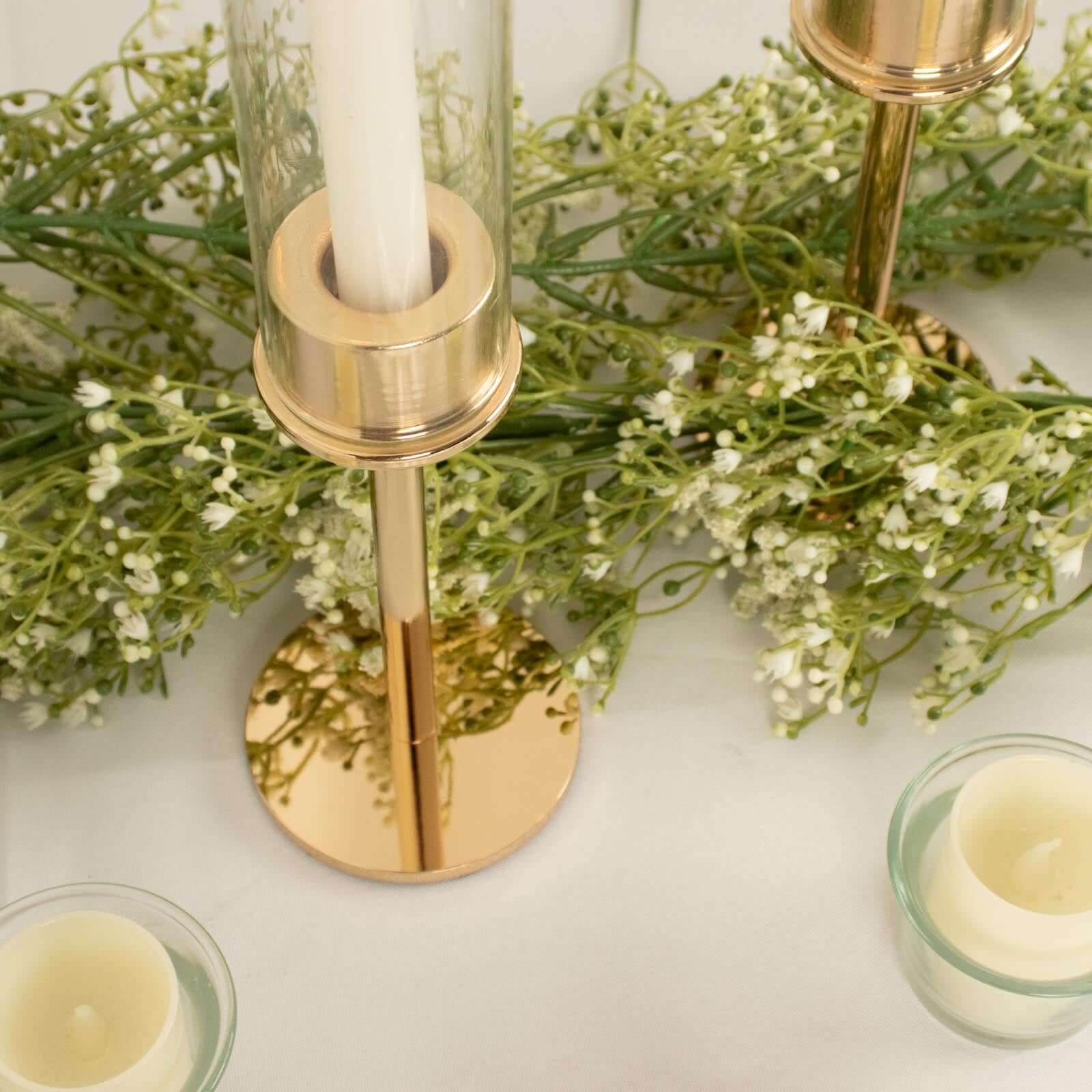 2-Pack Gold Metal Taper Candlestick Holders 16" - Clear Glass Hurricane Candle Stands With Chimney Candle Shades - Image 9