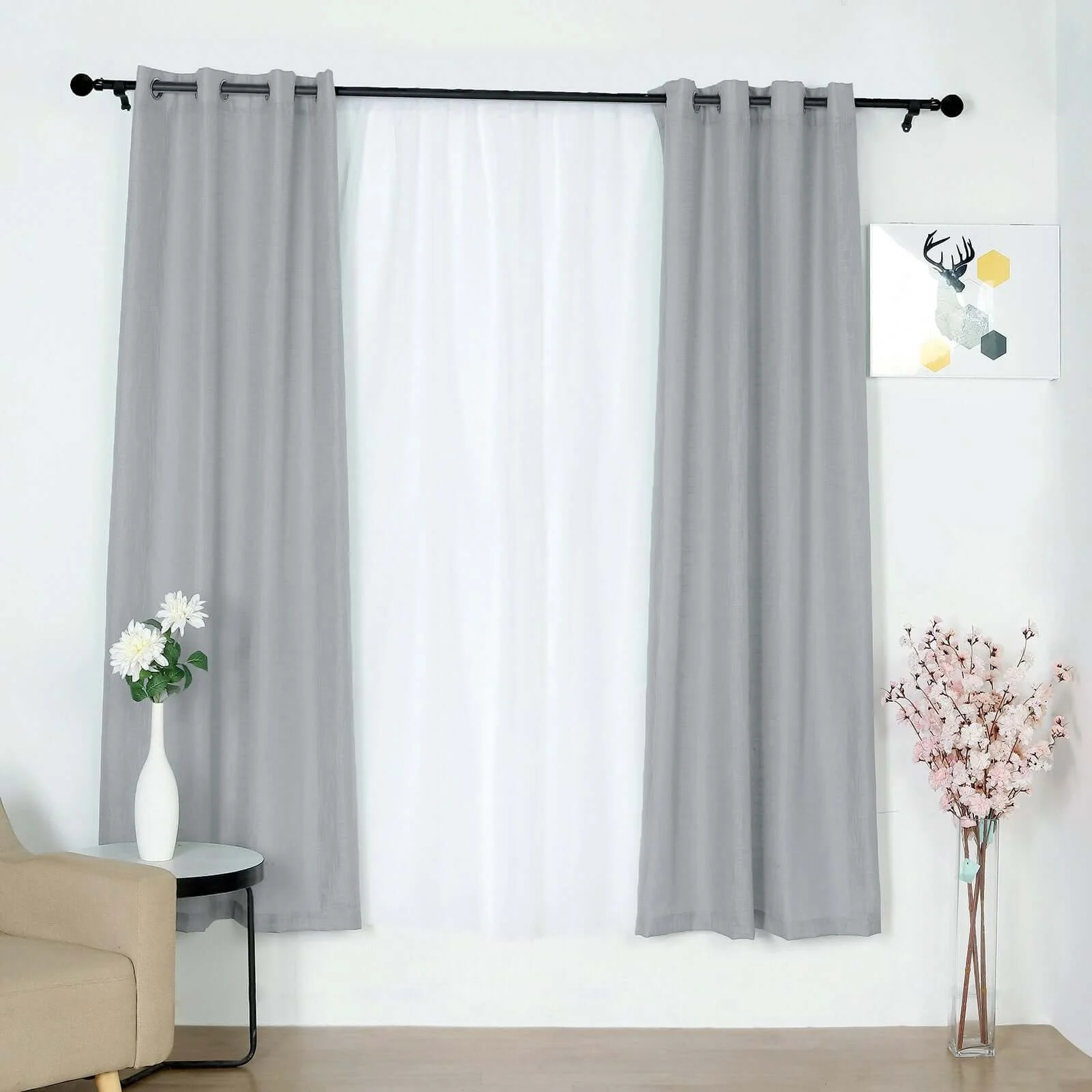 2 Pack Handmade Silver Faux Linen Curtains Curtain Panels With Chrome Grommets 52"x84" - Image 6