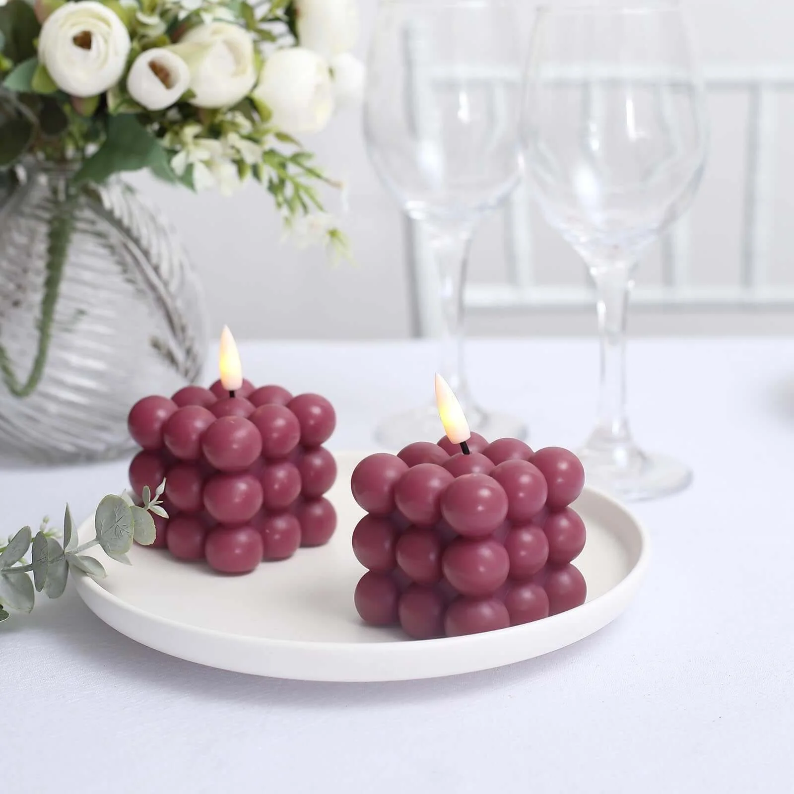 2-Pack LED Bubble Candles Burgundy 2" - Flameless Warm White Flickering Battery Operated Cube Lighting - Image 10