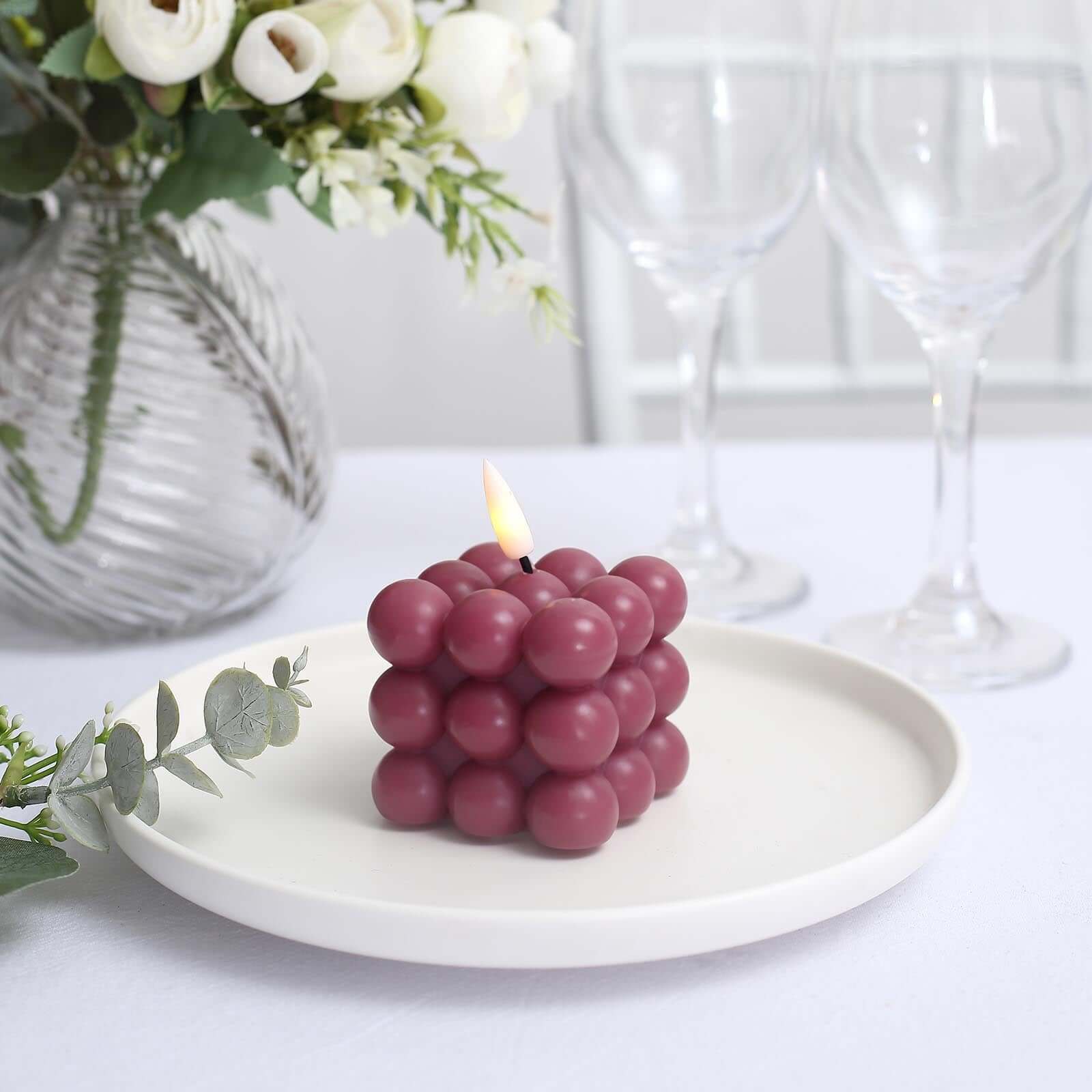 2-Pack LED Bubble Candles Burgundy 2" - Flameless Warm White Flickering Battery Operated Cube Lighting - Image 11