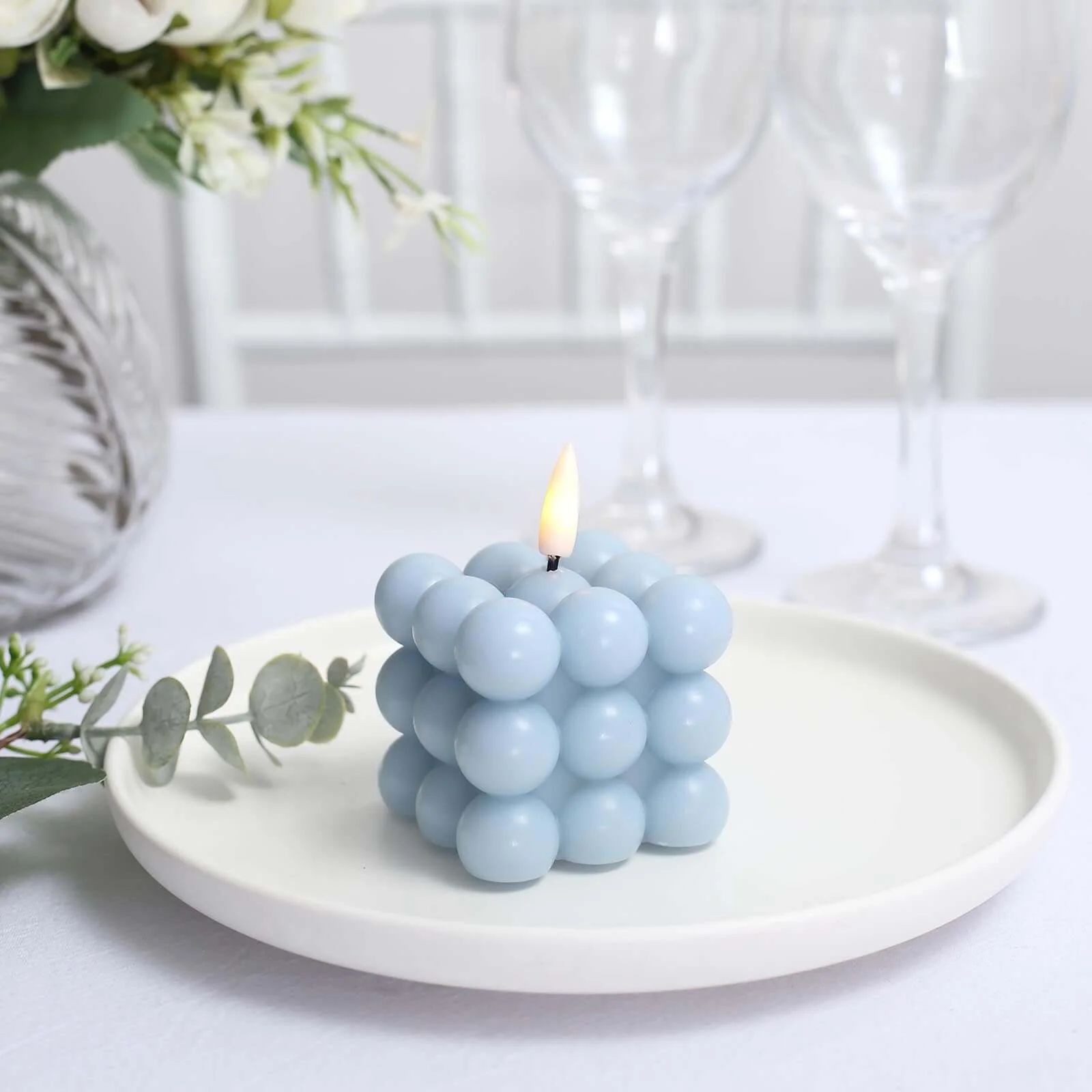 2-Pack LED Bubble Candles Dusty Blue 2" - Flameless Warm White Flickering Battery Operated Cube Lighting - Image 11