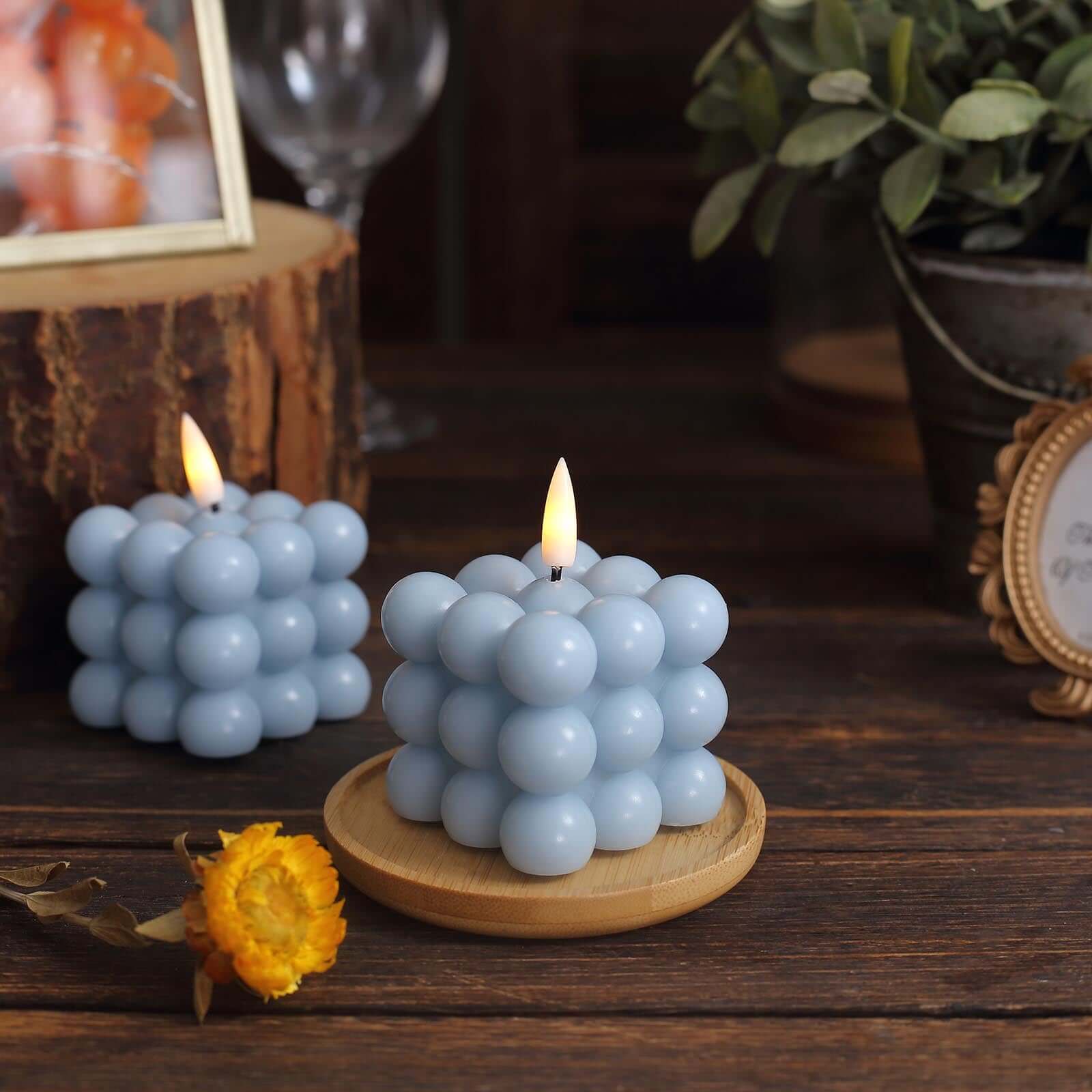 2-Pack LED Bubble Candles Dusty Blue 2" - Flameless Warm White Flickering Battery Operated Cube Lighting - Image 2