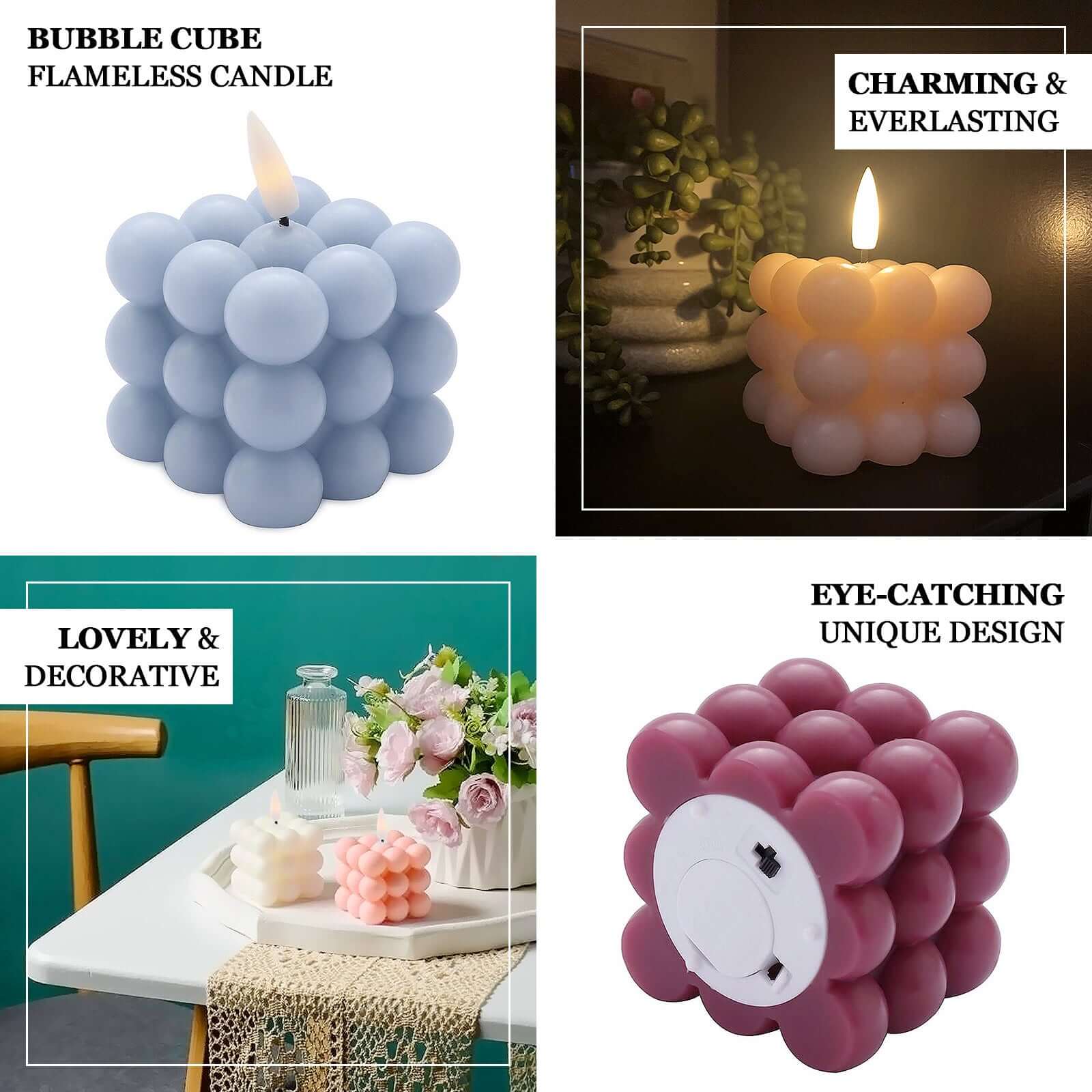 2-Pack LED Bubble Candles Dusty Blue 2" - Flameless Warm White Flickering Battery Operated Cube Lighting - Image 4