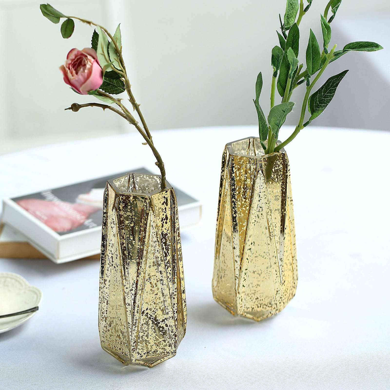 2-Pack Mercury Glass Vases Geometric Design 8" Gold - Decorative Flower Centerpieces for Weddings - Image 2
