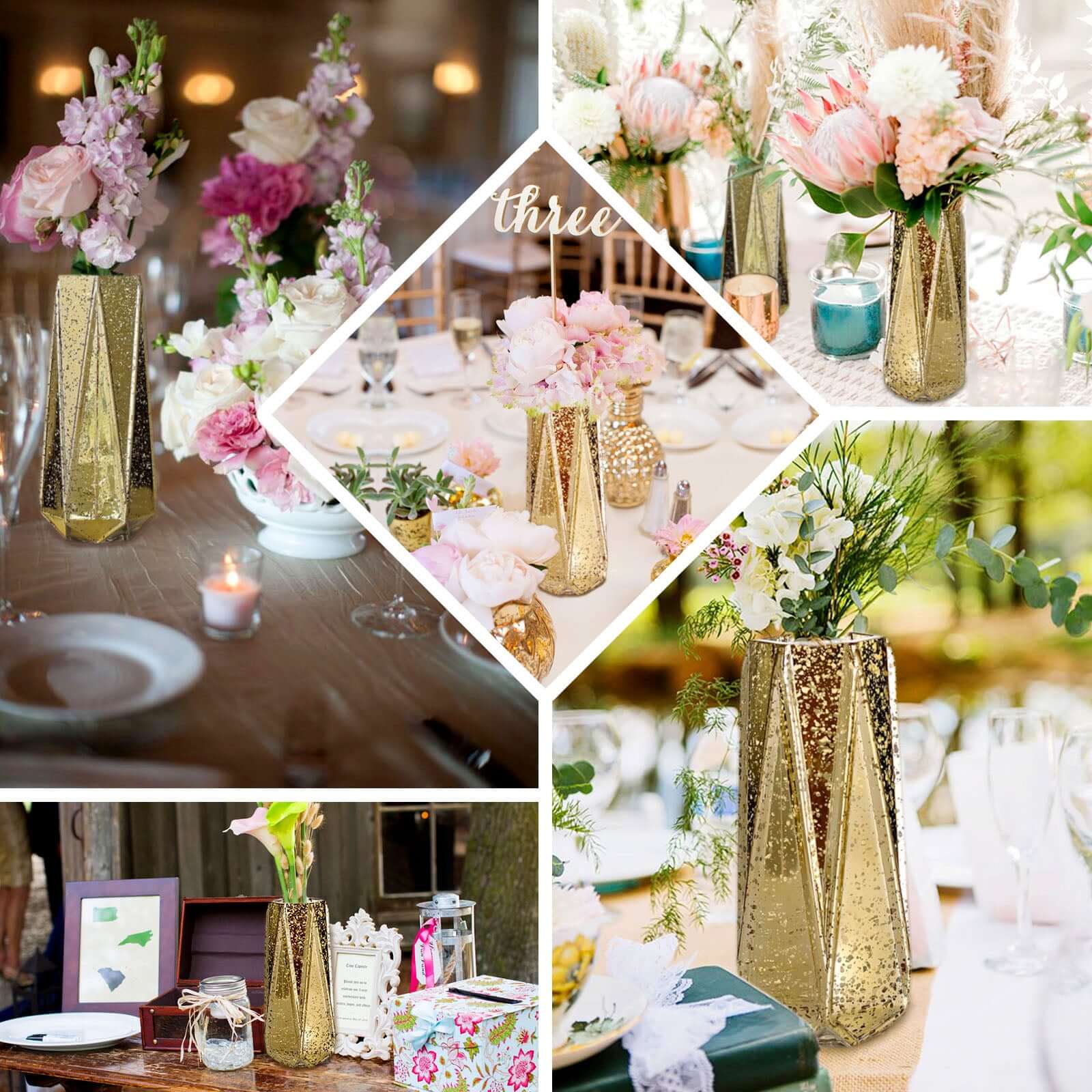 2-Pack Mercury Glass Vases Geometric Design 8" Gold - Decorative Flower Centerpieces for Weddings - Image 5