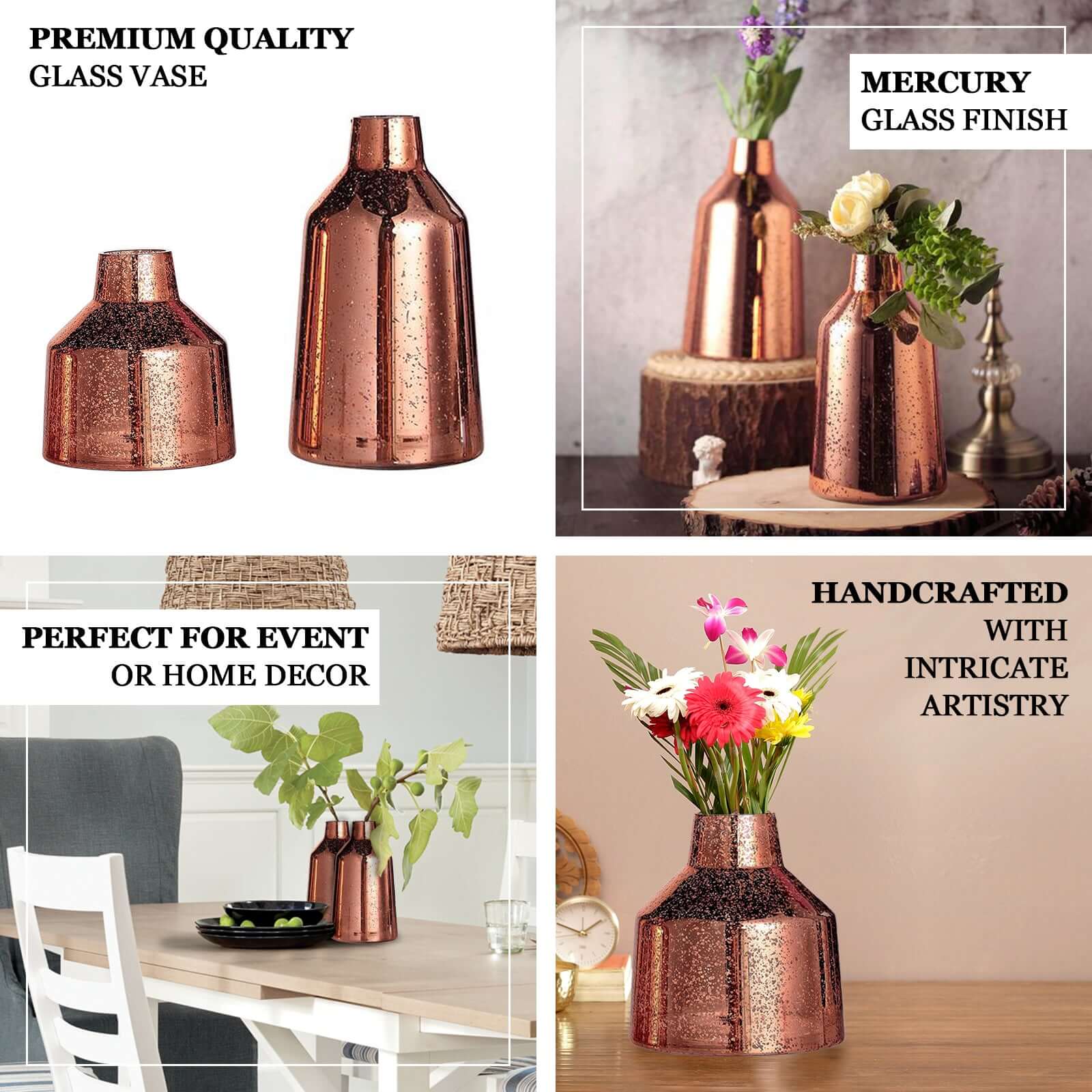 2-Pack Mercury Glass Vases Vessel Design 8" Rose Gold - Decorative Floral Wedding Centerpieces - Image 4