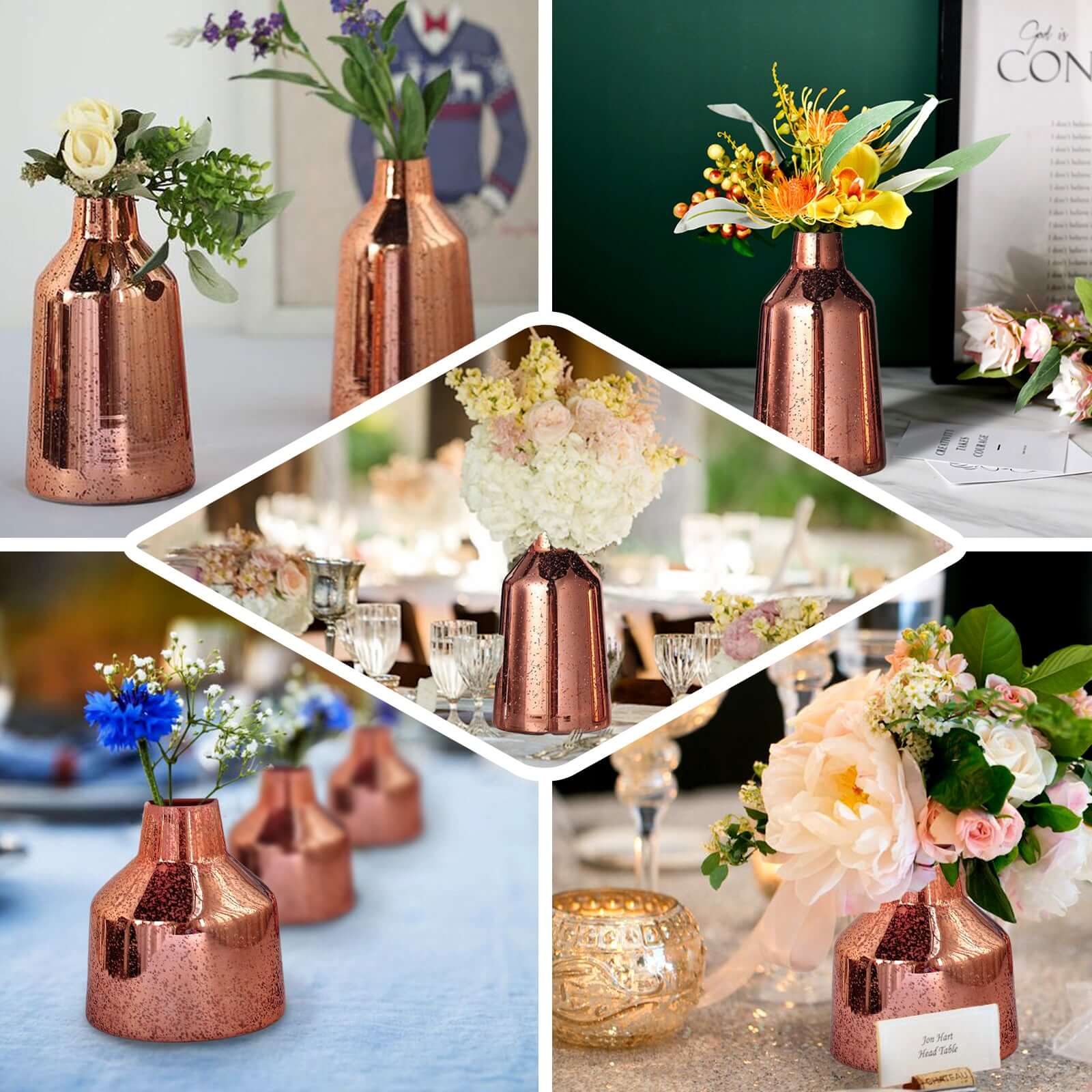 2-Pack Mercury Glass Vases Vessel Design 8" Rose Gold - Decorative Floral Wedding Centerpieces - Image 5