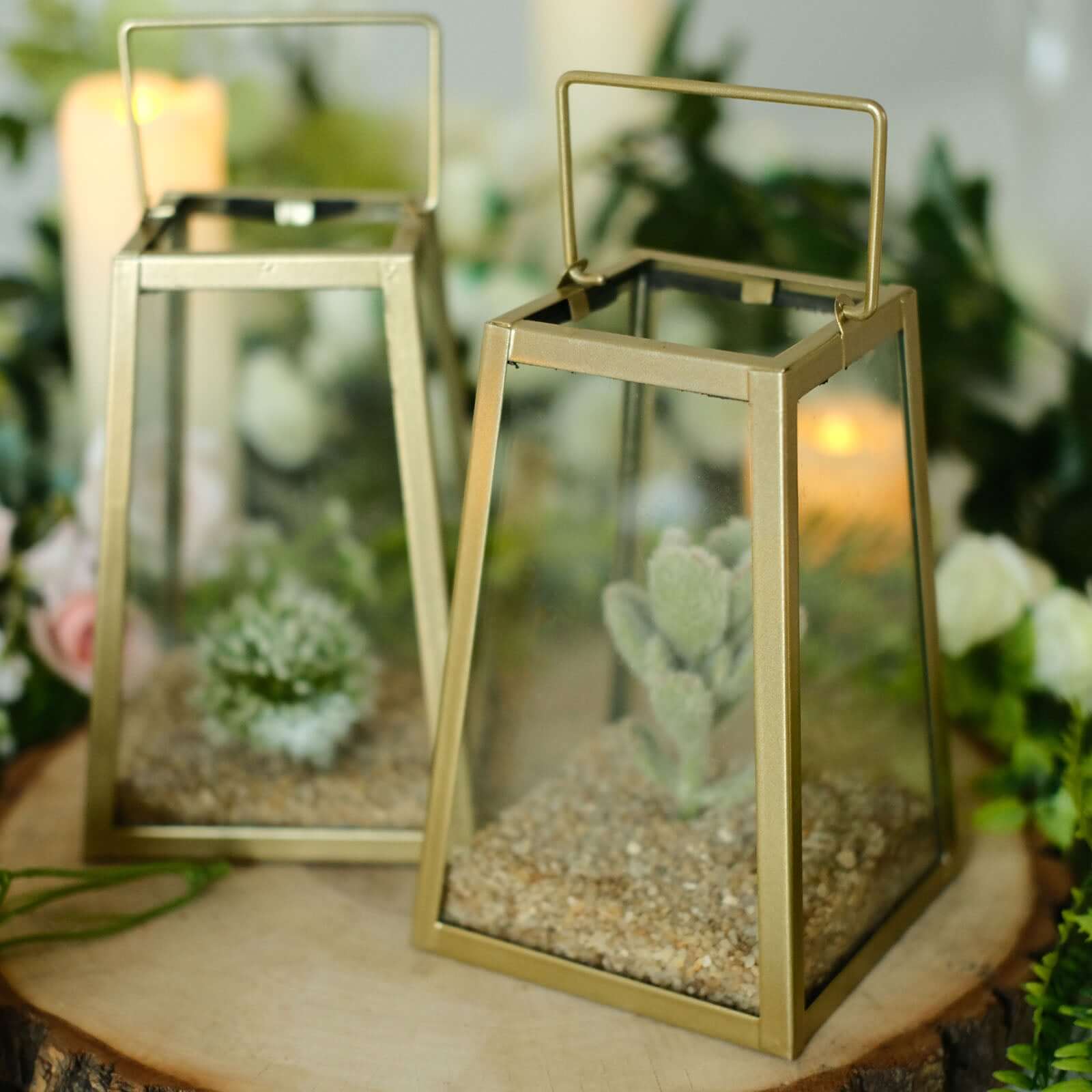 2-Pack Metal Candle Lanterns 6" Trapezoid Geometric Design Gold - Hanging Terrariums Table Centerpieces for Indoor/Outdoor - Image 2
