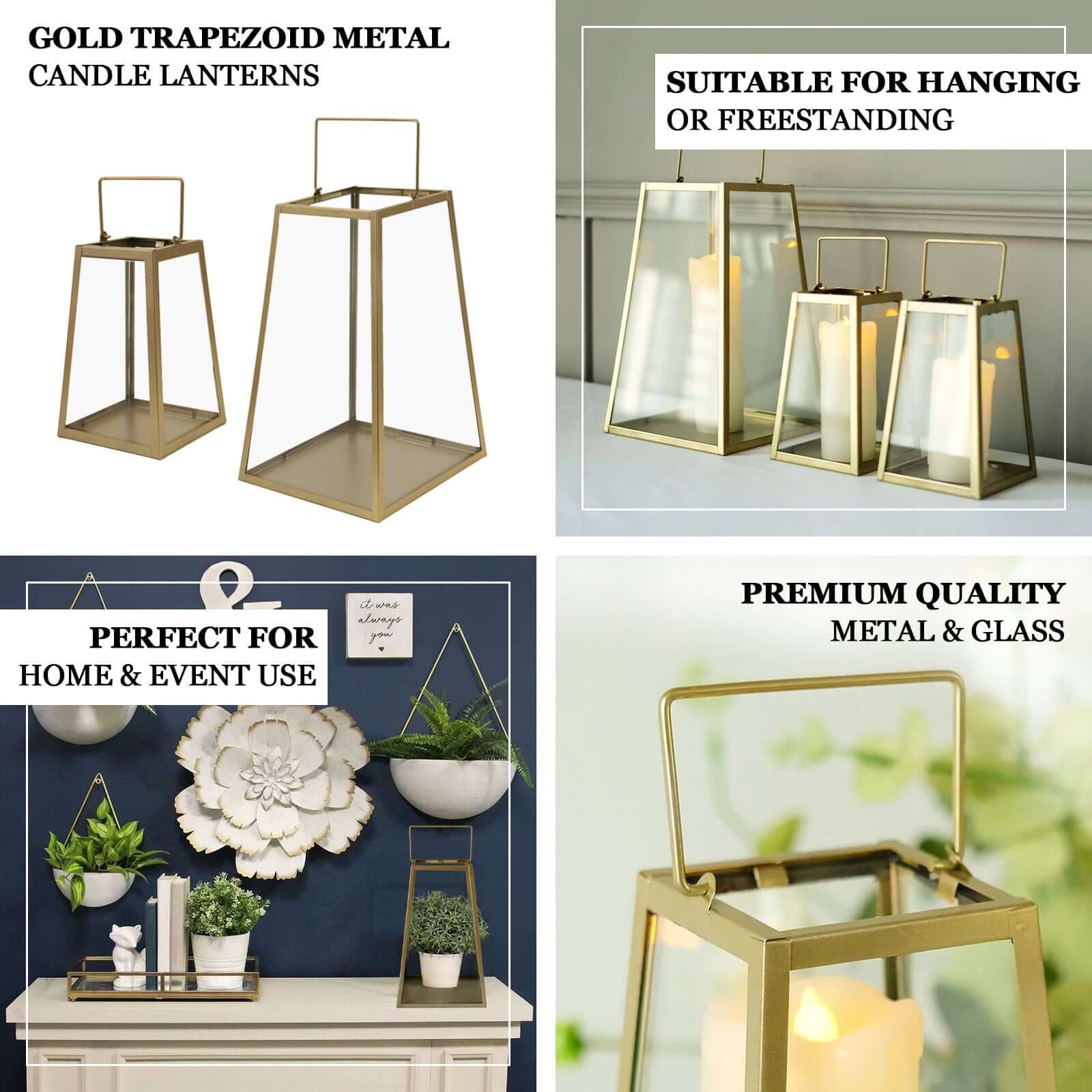 2-Pack Metal Candle Lanterns 6" Trapezoid Geometric Design Gold - Hanging Terrariums Table Centerpieces for Indoor/Outdoor - Image 4