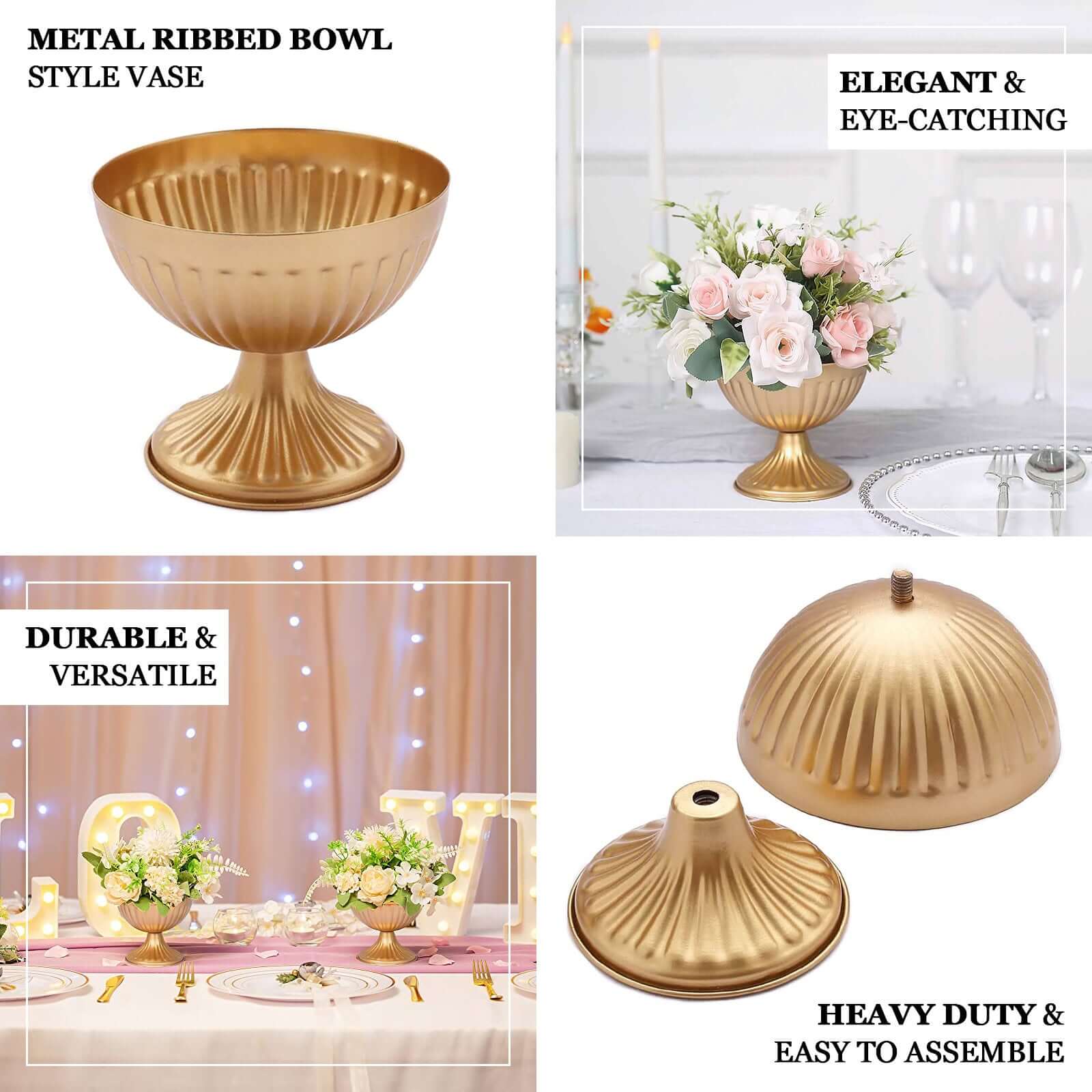 2-Pack Metal Flower Vases Pedestal 4" Ribbed Bowl Style Gold - Antique Mini Compote Vase for Refined Table Decor - Image 4